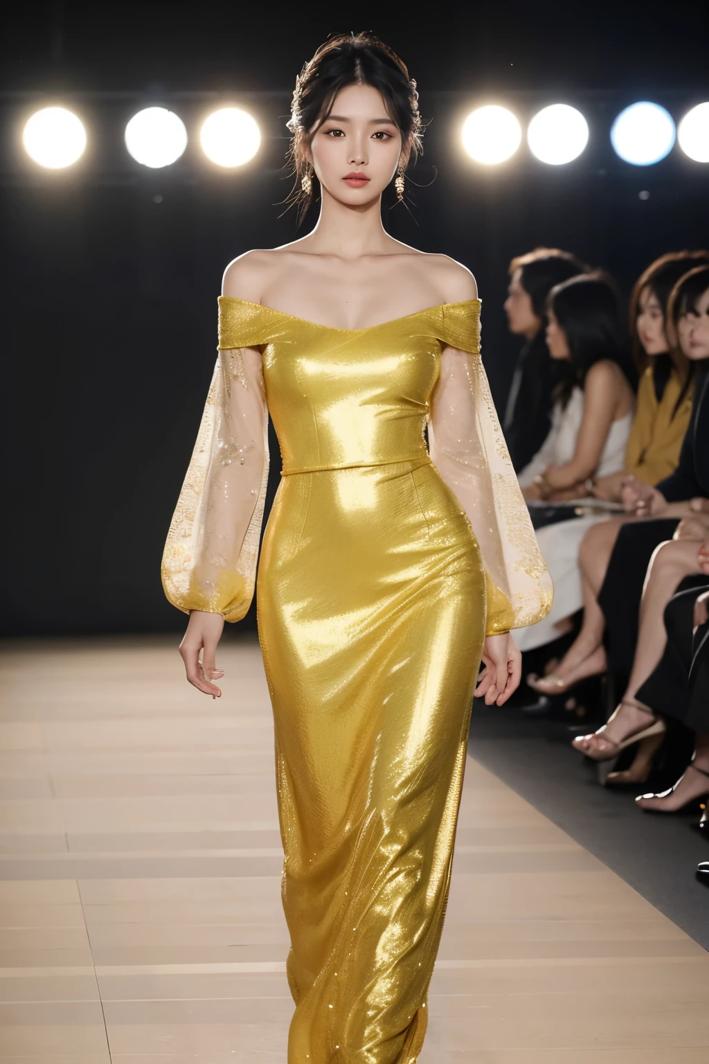 Mulher coreana extremamente bonita, rosto harmonioso, she is walking on a fashion catwalk, usando um vestido longo com renda amarelo claro estilo coreano, vestido da fashion week Paris elegante, ela tem longo cabelos lisos preto, wear elegant jewelry