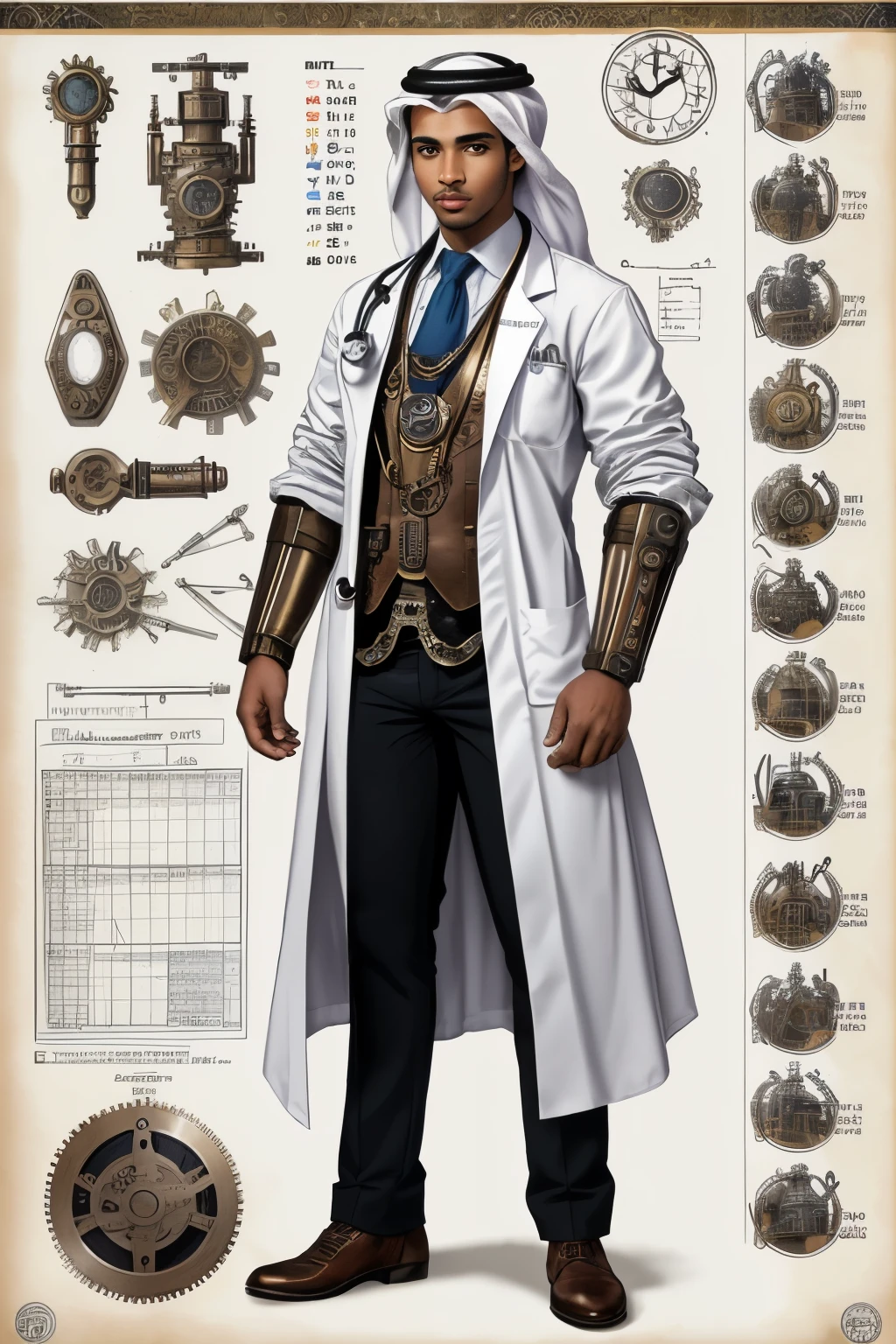 black male steam punk Arabian male doctor, wearing white cloth have steampunk and Arabian ecstatic, full body,  shot mix of bold dark lines and loose lines, bold lines, on paper, turnaround character sheet, a short fat mechanic in steampunk world, 
