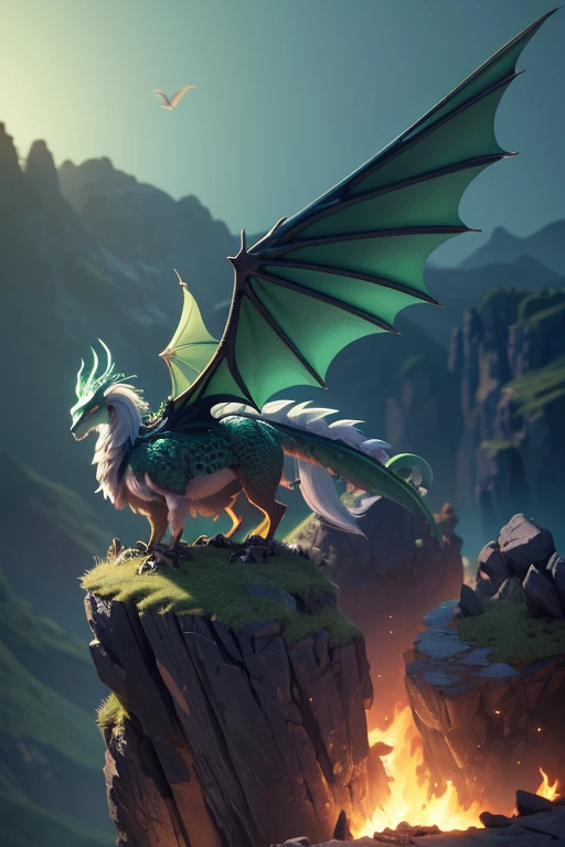 Dragon with wings on top of a cliff, color verde, fuego, llamas, lanzando llamas en la boca (obra maestra), Mejor calidad, high resolution, 4k, 8k, detailed illustration, detalle intrincado, cinematic lighting, amazing quality, Amazing shading, Soft lighting, fuego alrededor.