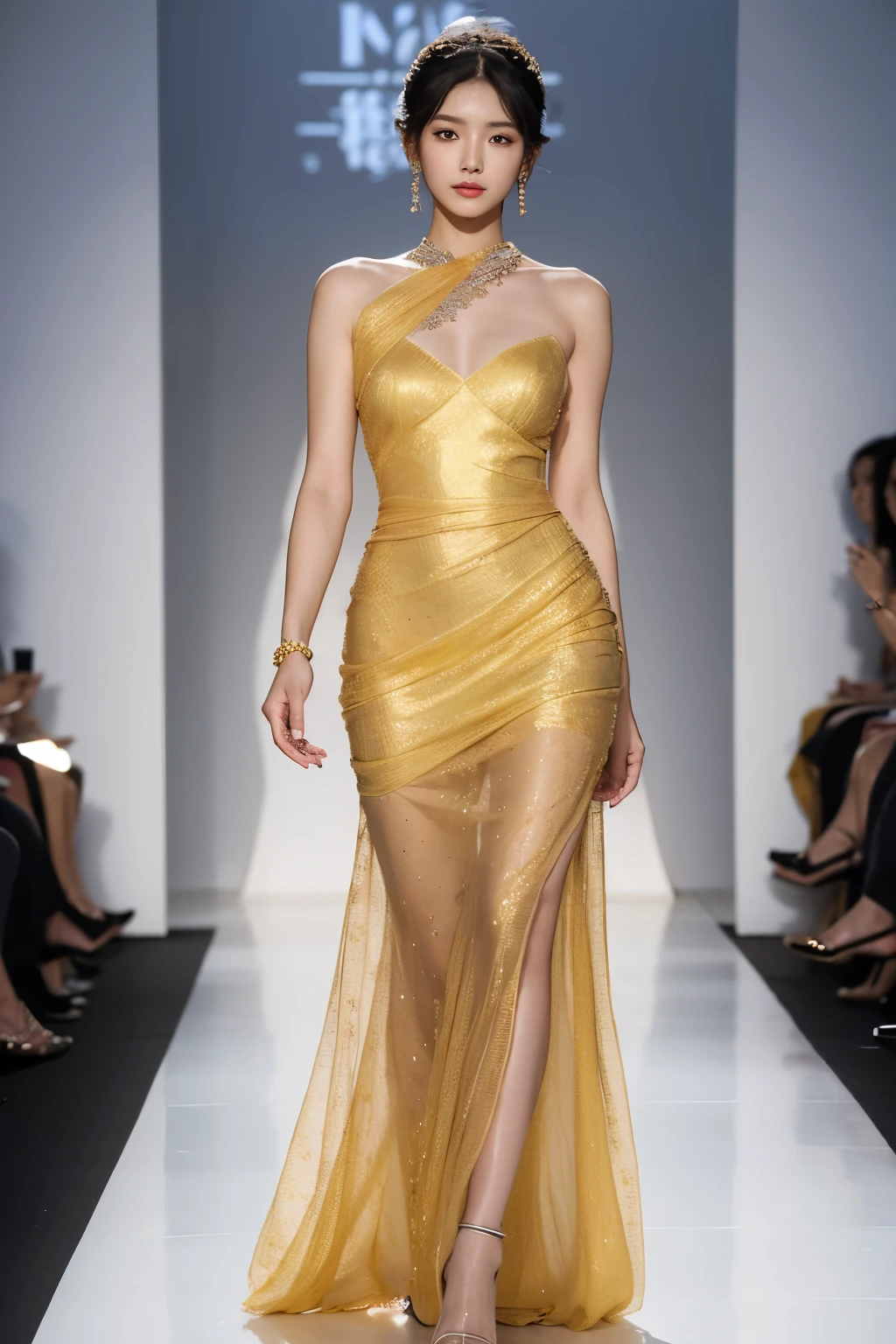 Mulher coreana extremamente bonita, rosto harmonioso, she is walking on a fashion catwalk, usando um vestido longo com renda amarelo de renda pura, vestido da fashion week Paris elegante, ela tem longo cabelos lisos preto, wear elegant jewelry
