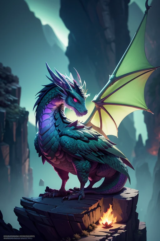 Dragon with wings on top of a cliff, color verde, fuego, llamas, lanzando llamas en la boca (obra maestra), Mejor calidad, high resolution, 4k, 8k, detailed illustration, detalle intrincado, cinematic lighting, amazing quality, Amazing shading, Soft lighting, fuego alrededor.