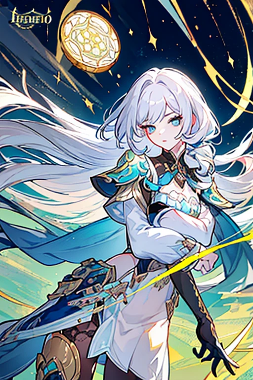 (Masterpiece: 1.5, better quality, high resolution: 1.3, super resolution, super detailed, ultra detailed: 1.3, Rico background: 1.2, 1 girl)) Pale skin + long hair that covers eyes + blond hair + light blue eyes + Long long eyelashes + pink lips + soft thighs + medium chest + long legs + curvilinear body + toned body (blouse with intricate lace, leggings, metal gloves, intricate gabardine, high boots with intricate details) (relaxed expression, stops on two legs, Looking at the viewer holding a scroll, fire) (colors to use: white, lime green, blue, black, silver, golden, gray)
