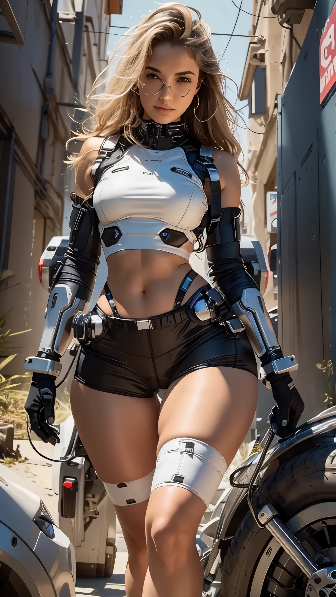 Woman body defined thick thighs cybernetic body parts, short underwear