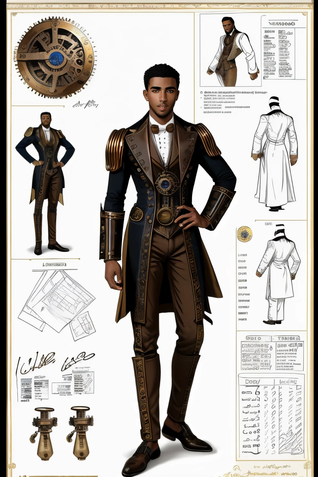 black male steam punk Arabian male noble, wearing expensive cloth have steampunk and Arabian ecstatic, full body, shot mix of bold dark lines and loose lines, bold lines, on paper, turnaround character sheet, a short fat mechanic in steampunk world,