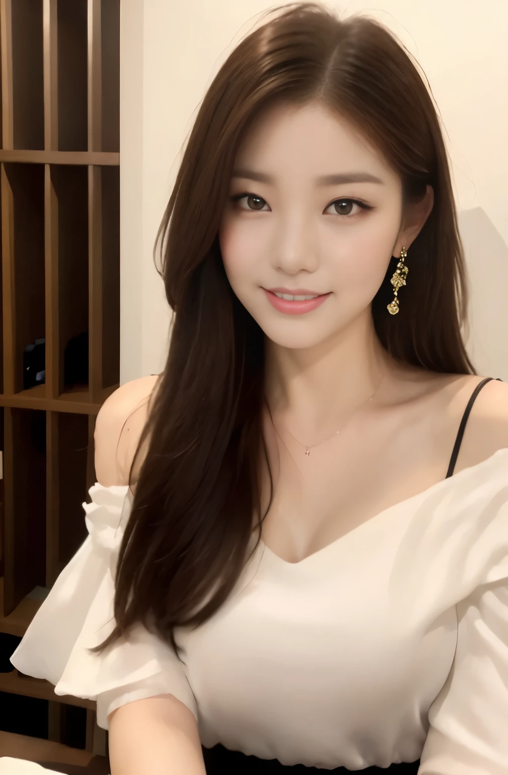 (24 year old lover), (big breasts:1.3), (Have a sumptuous dinner in front of you、wine glass in front)、(classy and cute girl:1.3), (Wearing an off-shoulder white silk blouse:1.2), (orange flare skirt:1.2), (slender body shape:1.1), beautiful clavicle,(master piece: 1.3), (maximum resolution: 1.4), (ultra high vision: 1.2), cinematic light, ultra high vision,make one's cheeks flush:1.2、 (fine eyes and skin), (detailed facial features), 8K resolution, perfect style, beautiful expression、Highly detailed face and skin texture、detailed eye、double eyelid、glitter eyeliner:1.2、shiny skin、pure white skin:1.8、white skin:1.8、red rouge、dark lipstick:1.2、small shiny necklace and earrings、glossy lips:1.2、glossy lips:1.2、((full body shot:1.2))、(straight hairstyle、light brown hair)、long hair、(very charming smile:1.2)、night