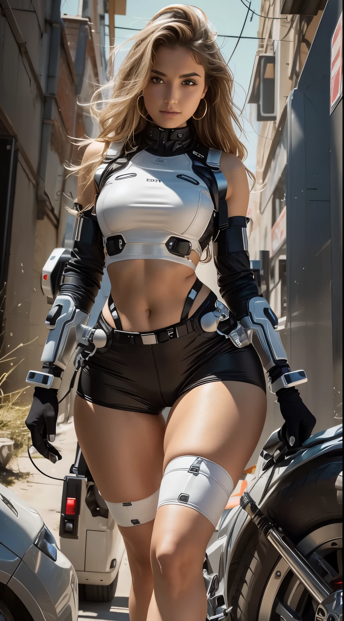 Woman body defined thick thighs cybernetic body parts, short underwear