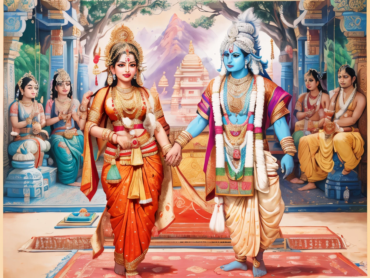 a painting of a couple in traditional clothing standing next to each other, hindu art, hindu gods, from ramayan, beautiful godrays, beautiful depiction, vishnu, ditigal painting, accurate depiction, ceremonial portrait, ghutra and egal, temple background, sharandula, traditional painting, hindu kovil scene, hindu god, added detail, mythological painting