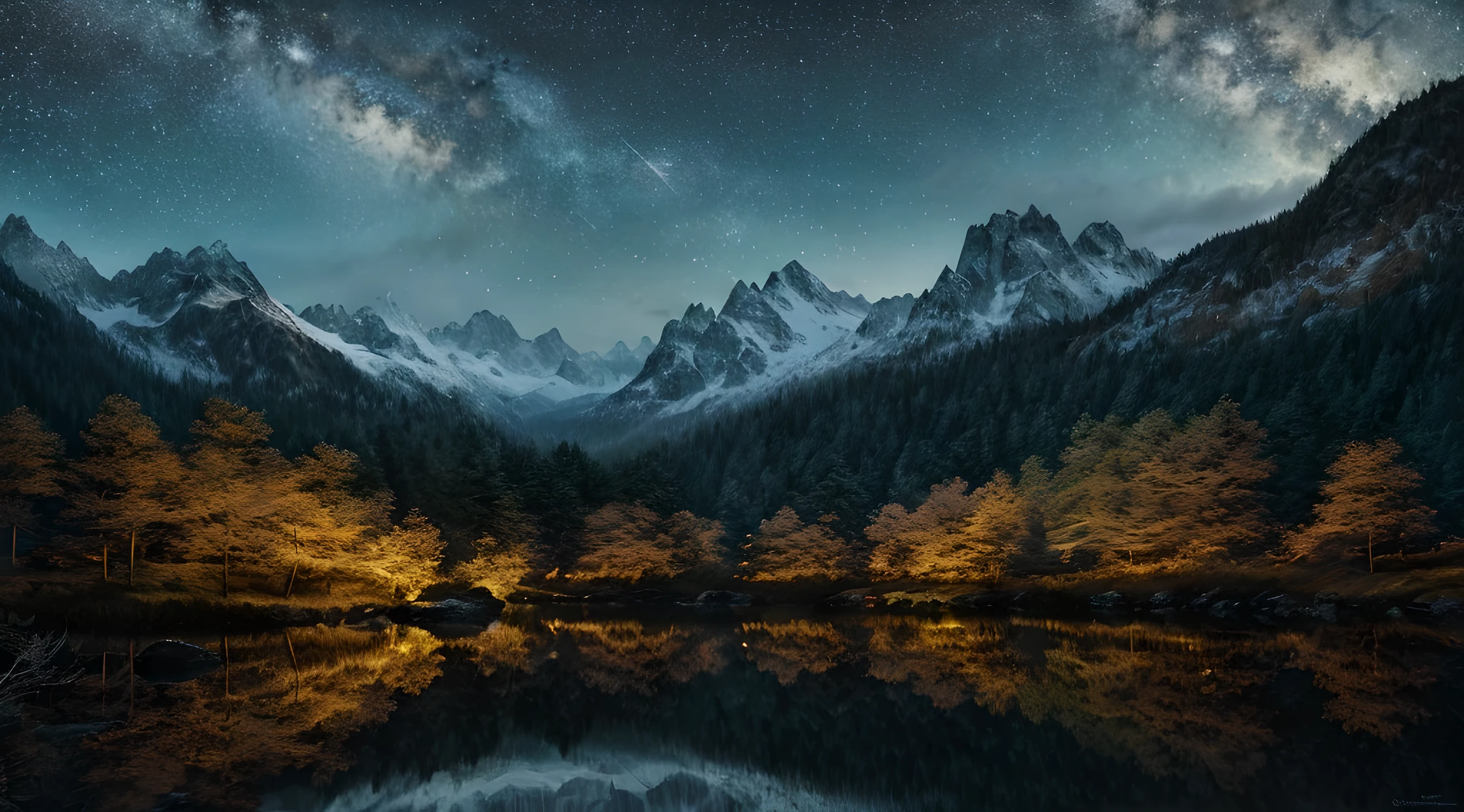best quality,ultra-detailed,realistic landscape,masterpiece:1.2,night scene,forest silhouette,majestic mountains,calm and serene,peaceful ambiance,twinkling lights,subtle reflections,deep tranquility,soft color palette,subdued tones,dreamlike quality splendid composition,quiet contemplation,mesmerizing beauty,immersive experience,spellbinding charm,moment of solitude,breathtaking stillness,limitless wonder,soul-stirring sight,
