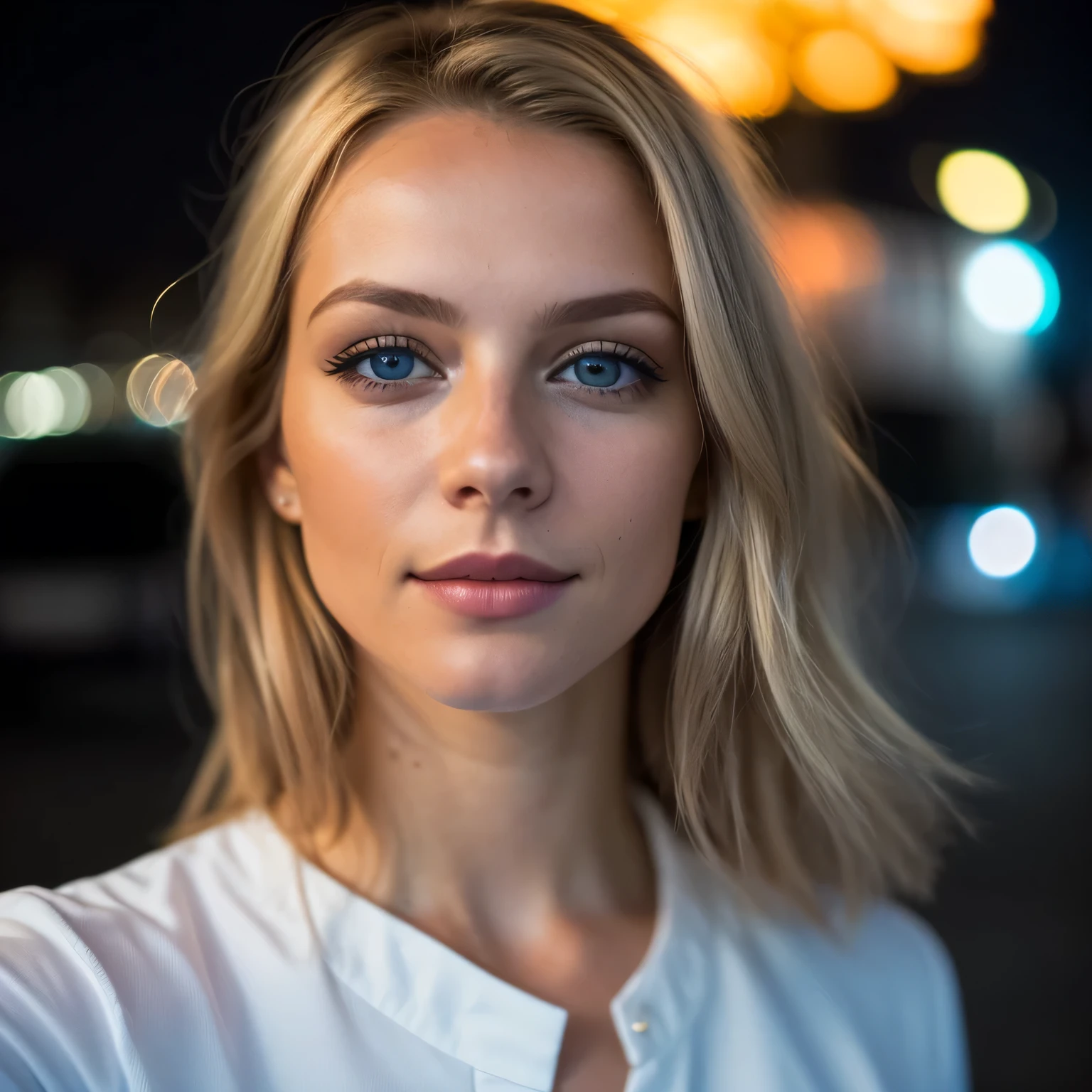 (Selfie, Draufsicht: 1.4), (straight half of the body: 1.4), RAW UHD portrait photo of a 24-year-old blonde (Blue-eyed woman) standing before a car, Stadt bei Nacht, (Rock), (Ausschnitt), Details (Gewebe! , Haar! , Glitzer, Farbe!! , Benachteiligungen: 1.1), shiny eyes with high level of detail (Blick in die Kamera), SLR-Beleuchtung, Spiegelreflexkamera, ultra quality, Sharpness, Depth of field, Filmkorn (Mitte), Fujifilm XT3, kristallklar, Rahmenmitte, Beautiful face, Scharfer Fokus, Streetlight, Neonbeleuchtung, bokeh (schwach beleuchtet), Nacht, (Nachthimmel), Detaillierte Hautporen, Oily skin, Sonnenbrand, Komplexe AugenDetails, full entire body, big