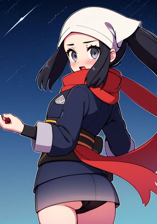 akari, 1girl, solo, long hair, looking at viewer, blush, open mouth, skirt, shirt, black hair, jacket, ponytail, upskirt, exposed ass, thigh high pantyhose, sidelocks, outdoors, sky, looking back, cloud, twitter username, scarf, grey eyes, sash, black shirt, eyelashes, night, floating hair, white headwear, moon, star (sky), night sky, full moon, grey skirt, red scarf, grey jacket, head scarf, galaxy expedition team survey corps uniform, floating scarf