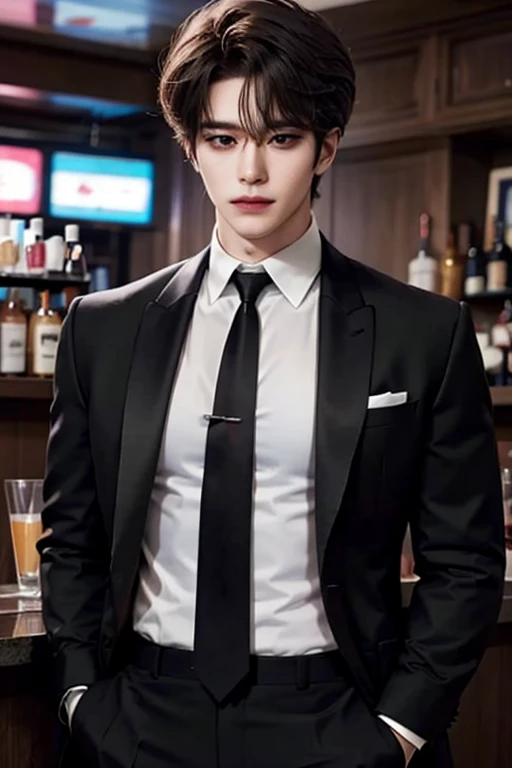 nightclub，Bar setting，Man, Handsome, Korean bad boy, Inside the bar，Bar counter，（blacksuit），sharp look（White color blouse,）， （black necktie），Black pantsuit， Ultra detail,cinematric light, 独奏,standing on your feet，Riman，,Manhwa Style,,brunette color hair,disheveled bangs,Emoji hairstyle,Pose,（Side shooting）