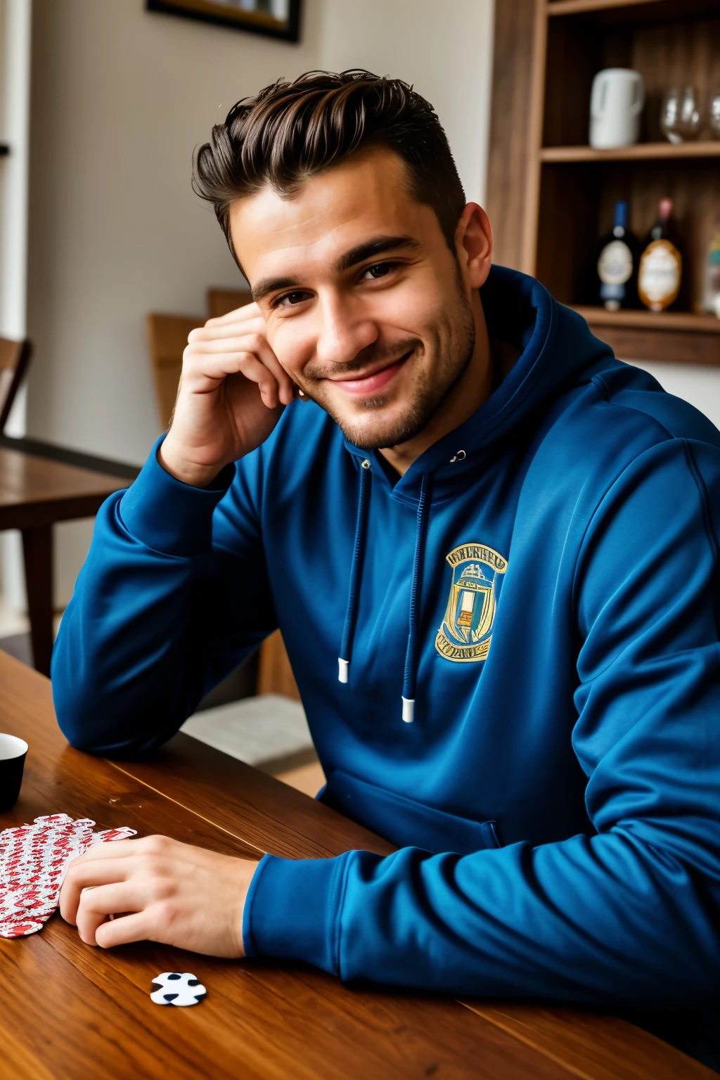 Portrait of a European man sitting at a table playing cards. Peaceful faceYu drunk with a small smile. Dressed in a tracksuit. There is a mug of beer on the table. Poor room and furnishings.