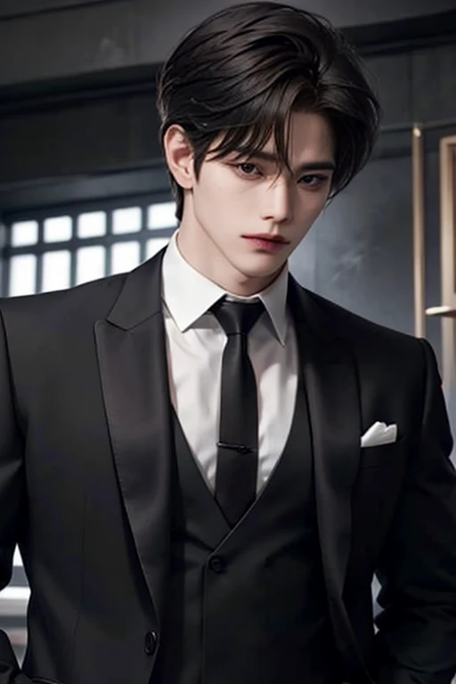 nightclub，Bar setting，Man, Handsome, Korean bad boy, Inside the bar，（blacksuit），sharp look（White color blouse,）， （black necktie），Black pantsuit， Ultra detail,cinematric light, 独奏,standing on your feet，Riman，,Manhwa Style,,brunette color hair,disheveled bangs,Emoji hairstyle,Pose,（Side shooting）