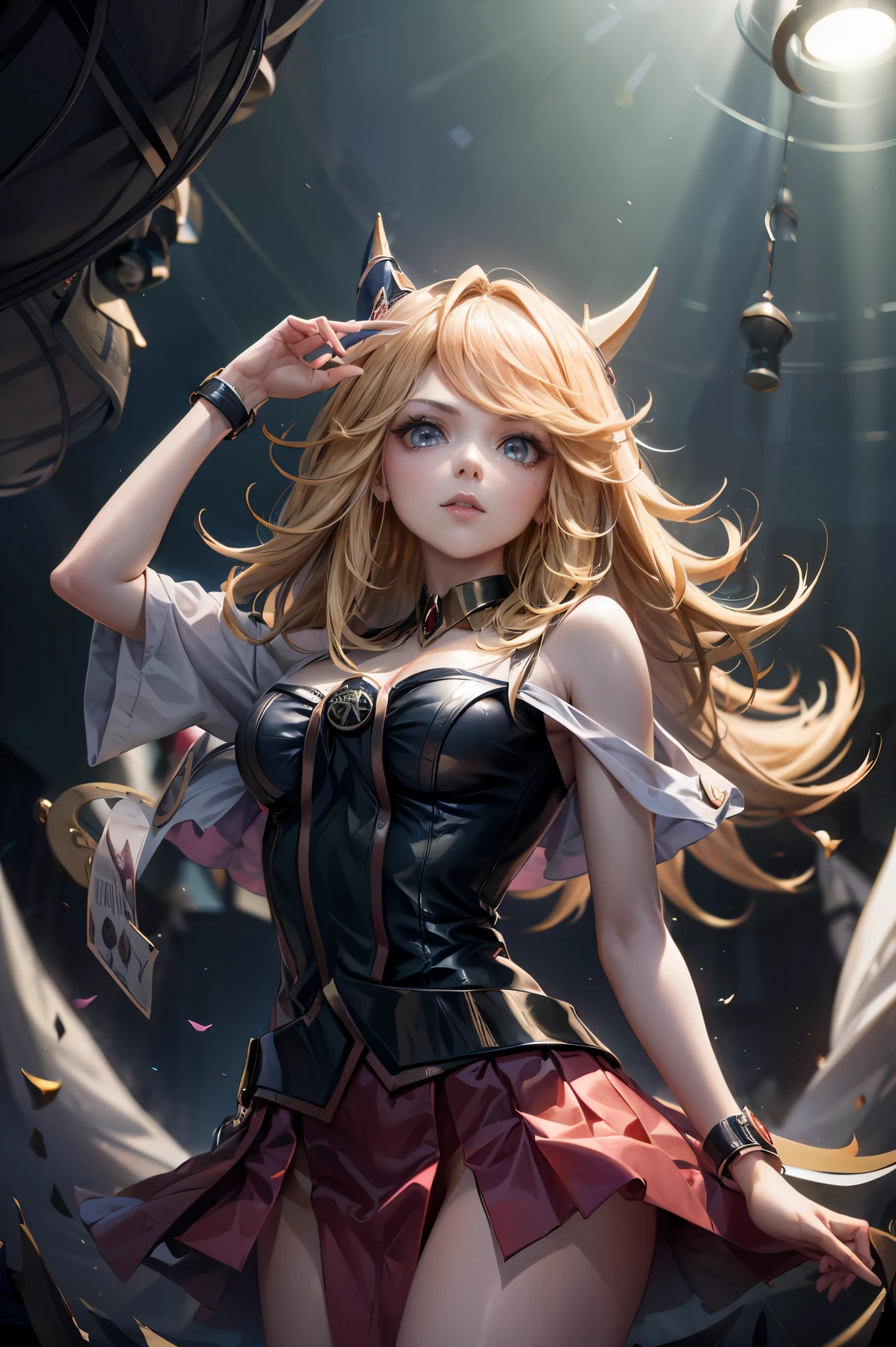 (Obra maestra:1.2), (La mejor calidad:1.2), Perfect lighting, Chica Maga Oscura lanzando un hechizo, flotando en el aire, tetas grandes, escote, fondo de magia. Corazones transparente en el hambiente, , sombreDestellos, Yugioh Card en el fondo