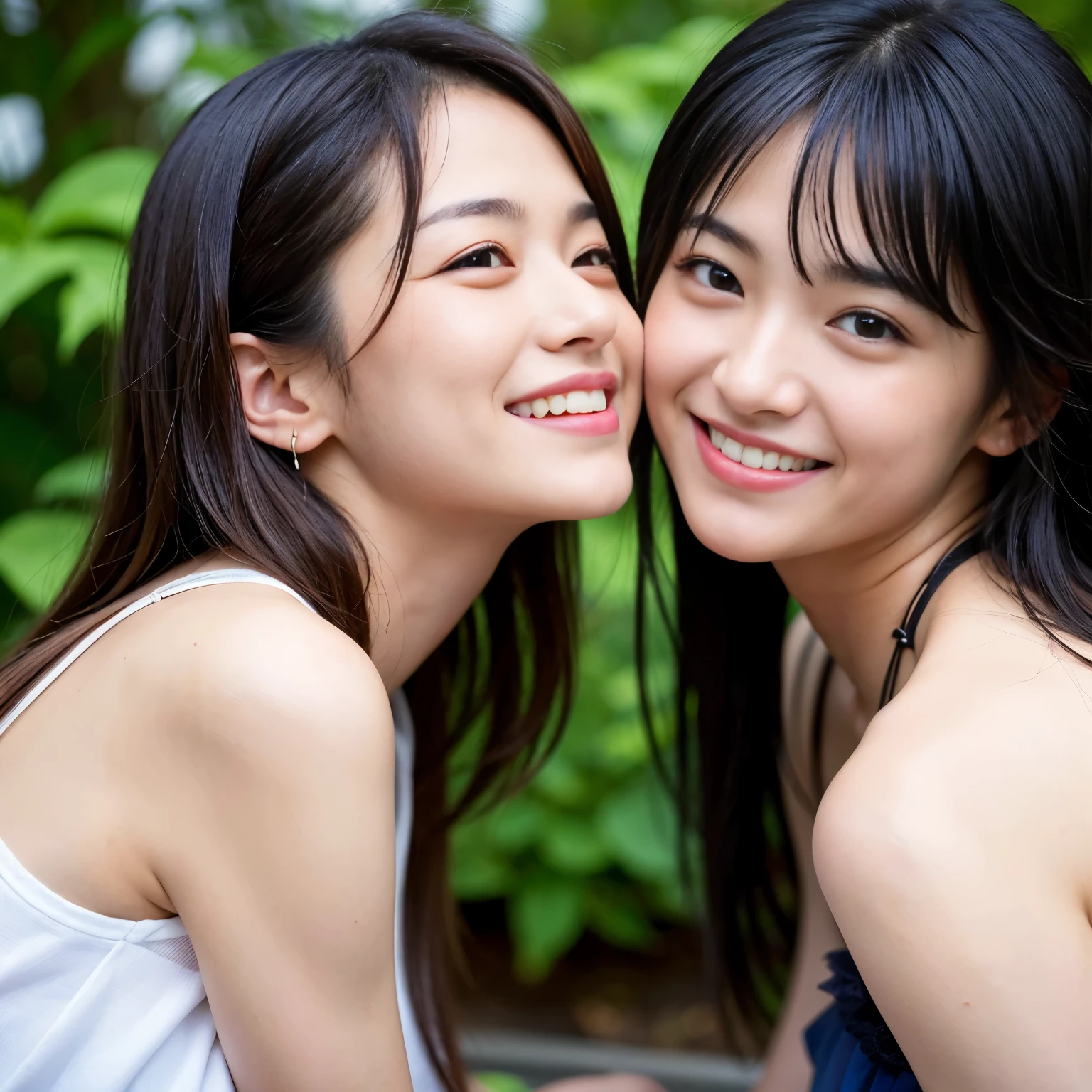 Bird view, two adult women peeing side by side, squatting open from crotch, smiling, peeing from crotch, seaside, blue sky, underwear, looking at camera