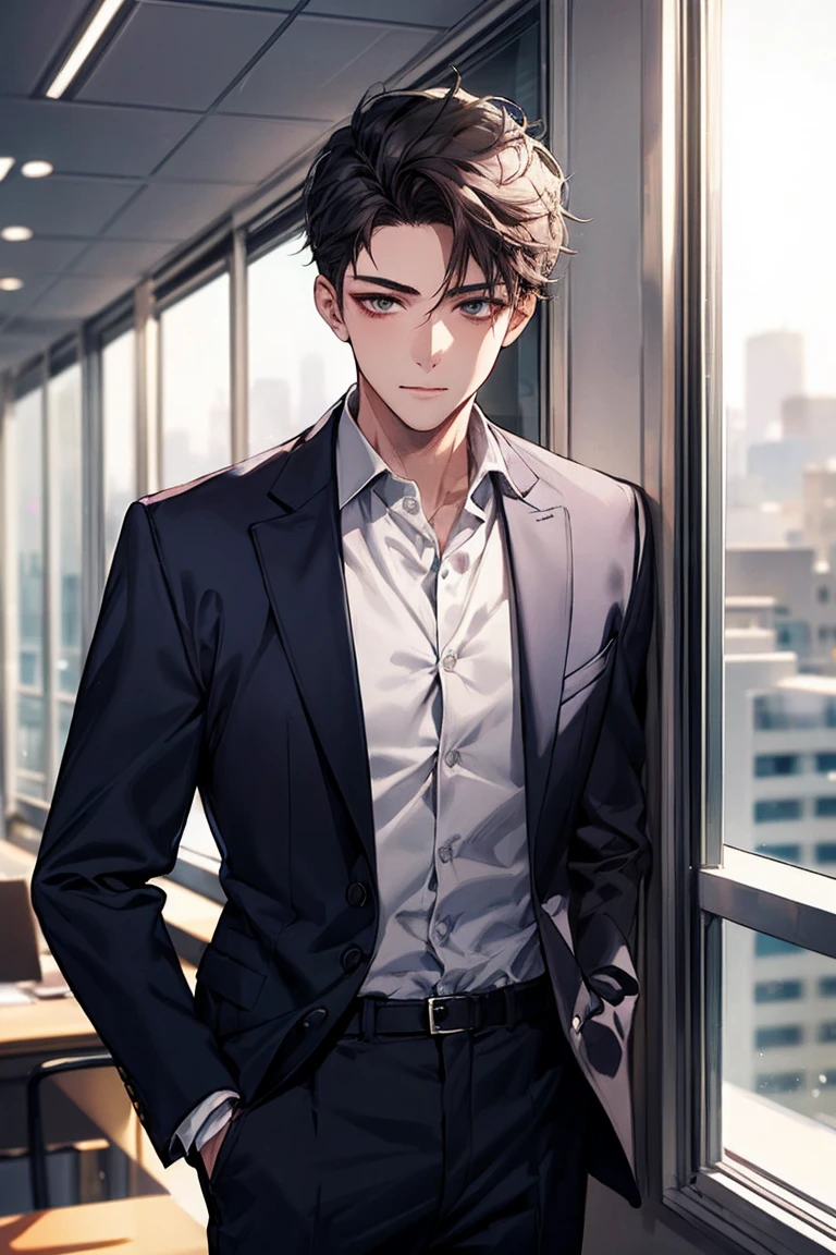 1 boy, Face focus kit, jaket, white shirt, disease, trouser, Best quality, employment, Detailed faces, Office room, Buildings outside the window, detailedbackground, Diffused sunlight, depth of fields, bokeh