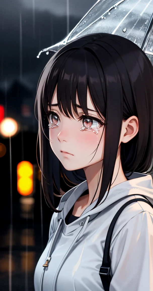 High resolution, very detailed, detailed background, movie lighting, outdoor, cloudy, rain, 1 girl, tears, sad expression