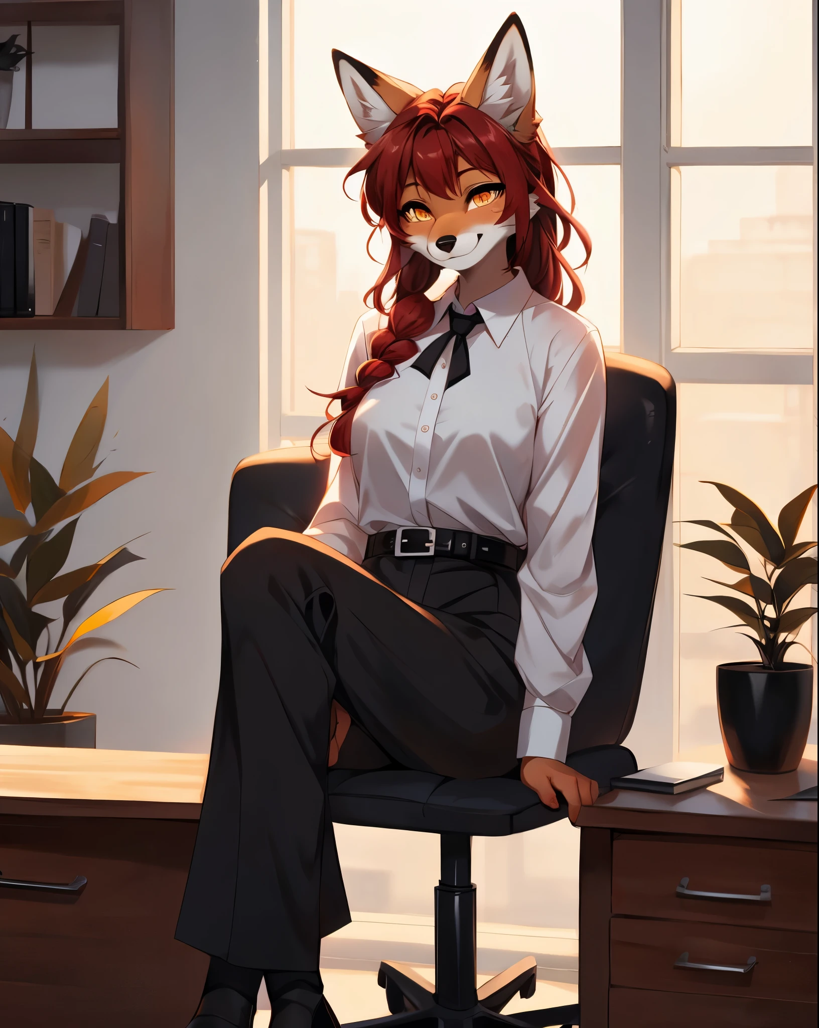 By fumiko, by hyattlen, by hioshiru, Makima, red fox girl, red fox ears, cute snout, black nose, red fox tail, smiling, yellow eyes, ringed irises, red hair, red side locks, wearing white button up shirt, black tie, black dress pants, belt, sitting in an office, warm lighting, on a chair, legs crossed, front view, hands on her lap,