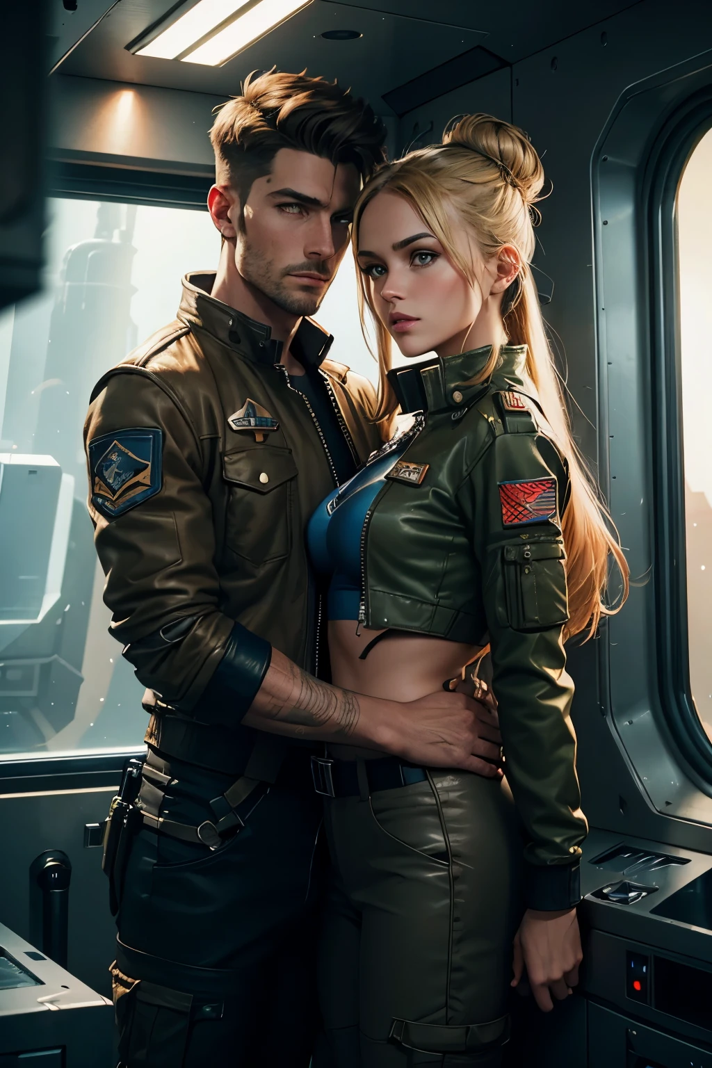 hyper realistic photography of female beautiful brunette space soldier Celine in khaki cargo pants, dark red leather flight jacket with a skull emblem and black lace crop top, heavy combat boots, brunette hair in a bun, standing, leaning against the handsome blonde male mechanic Erin in his blue overall with loose blonde hair, lovingly embracing her as they watch through a large panoramic window in a space station which shows fleet of battle spaceships