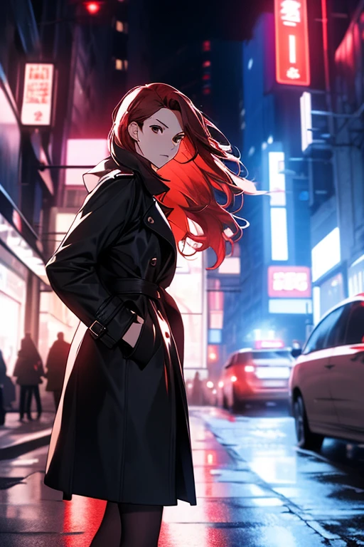 the night，A beautiful woman wandering the streets，the street，Wear a black trench coat，Leather skirt，Long reddish hair，The best composition，anime，（（Dynamic angle camera shooting））），dynamicposes，