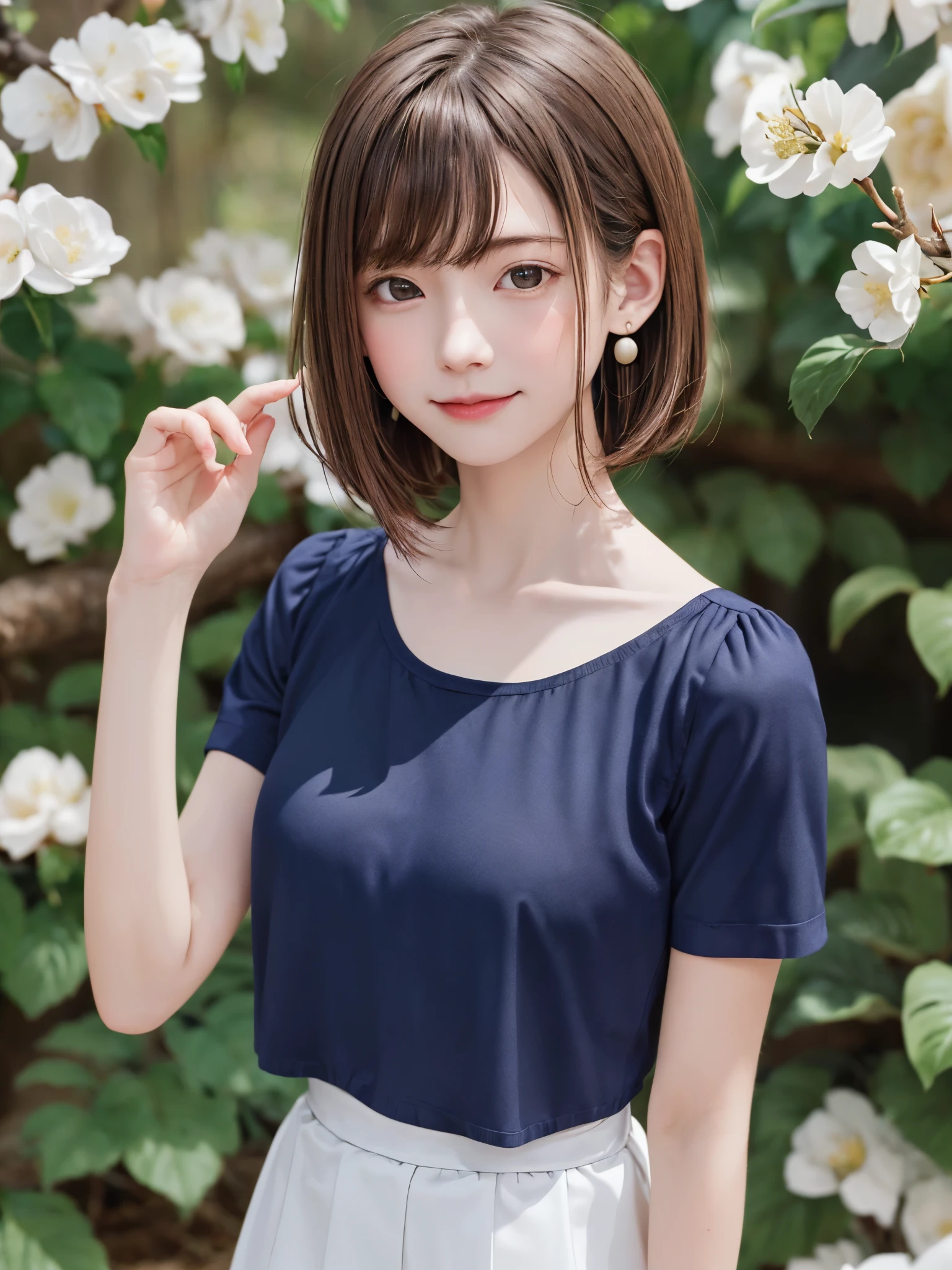 art by Cornflower, dream-like, cherry_flower, autumn_flowerびら, flowerびら, branch, pink_flower, 1 girl,20-year-old, green_null, spring_(seasOn top of that), flowerびら_On top of that_liquid, flower, flower見, dress, (LOn top of thatg blOn top of thatd curly hair:1.5),Wearing a wreinh,null, outdoor, cloud, bangs, smile, pink_eye, White skirt with cherry blossom embellishments, just_shoulder, earrings, holding_flower, Wind, wood, looking for_in_viewer,cowboy shot,