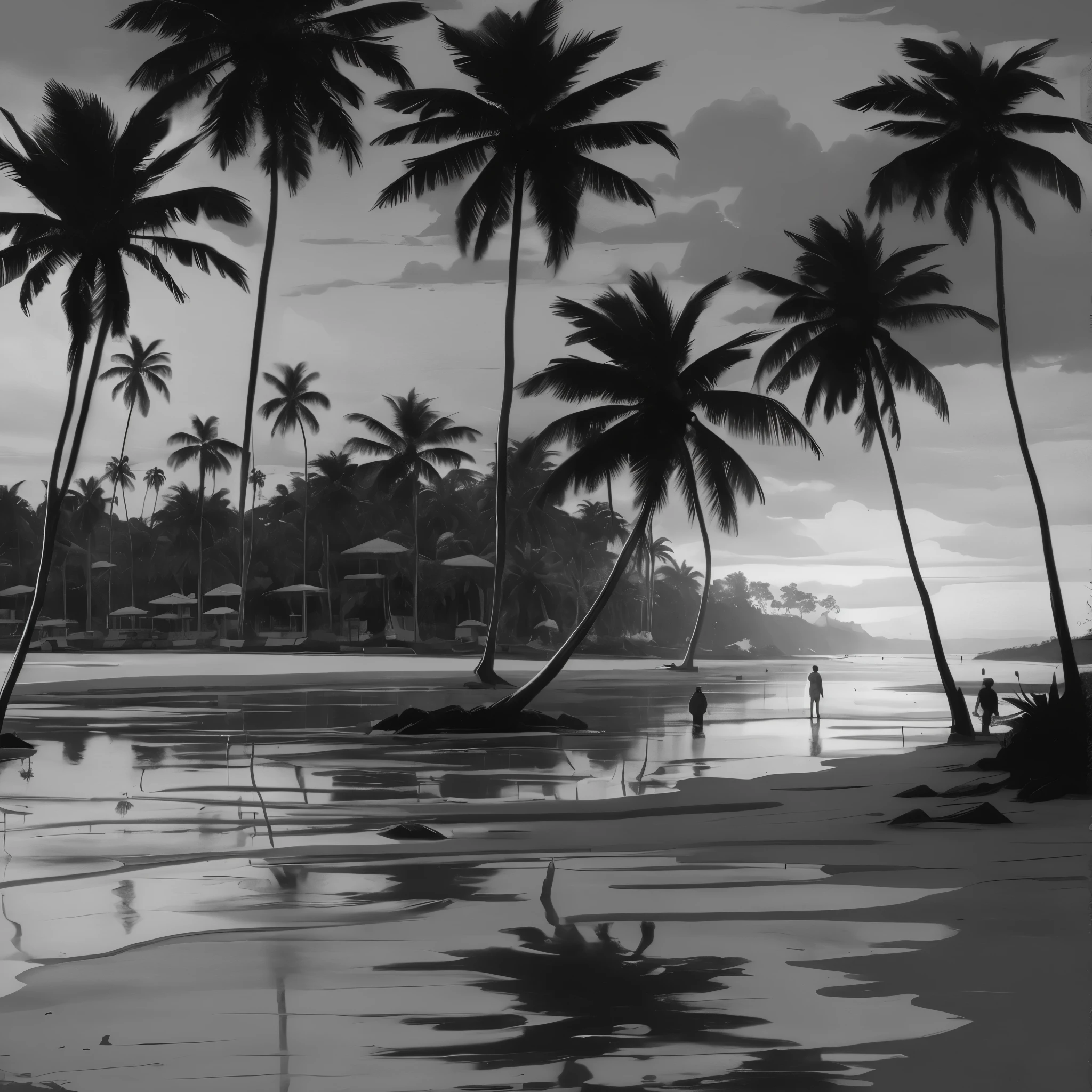 There are many palm trees on the beach near the water, inspiriert von Grzegorz Domaradzki, Sketch black and white colors, predominantly grayscale, Black and white photography, Black and white color only, von Max Dauthendey, Black and white photography, Palmen James Gurney, von Roberto Parada, Photographie mit hohem Kontrast
