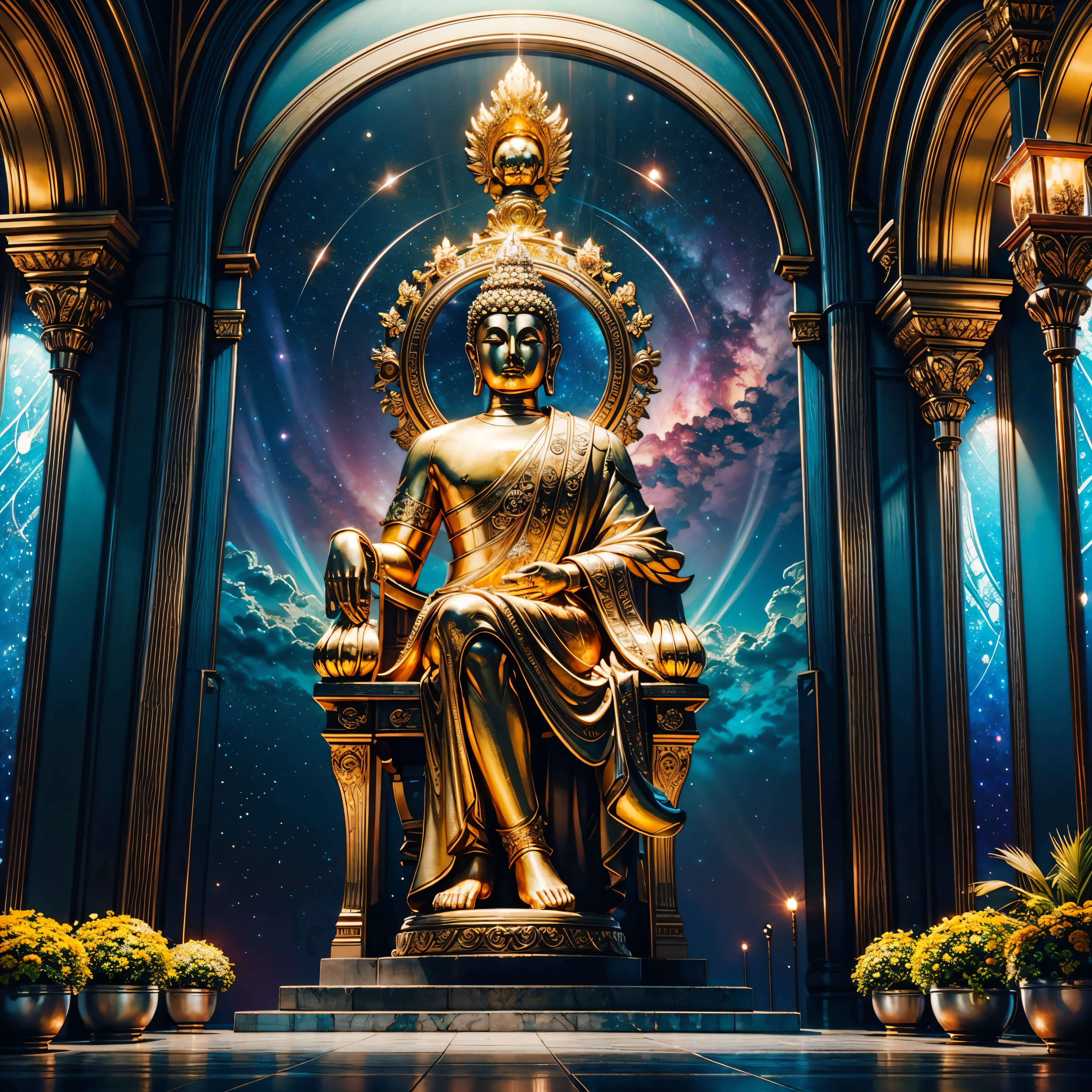 Will-o'-the-wisp dazzling Symmetrical Duddha_Interstellar (Galaxy stars Nebula Spacious Sunrise evening_glow distant_view Sunset rich_colors colorful wide-angle_lens shooting_evening positive_film naturalistic_style),A highly detailed, futuristic scene with a vibrant color palette and neon lights. The focal point of the scene a magnificent Golden Buddha statue, radiating a sense of peace and tranquility. The statue made of pure gold and shines brightly, reflecting the neon lights around it. The surrounding environment filled with futuristic elements, such as sleek buildings, flying cars, and holographic advertisements. The colors in the scene are intense and vibrant, incorporating shades of blues, purples, pinks, and greens. The neon lights illuminate the surroundings, casting a surreal and vibrant glow. The overall atmosphere both awe-inspiring and serene, blending the traditional beauty of the Golden Buddha with the cutting-edge aesthetics of the future. Everything in the scene highly detailed and realistic, with every intricate feature of the Buddha statue captured flawlessly. The lighting carefully designed to highlight the beauty of the statue and create a mesmerizing ambiance.optimal bright_color dappled_sunLight meticulously intricate ultra_high-details ultra_high-res hyper pro-Photo-realistic ultra_high-quality ultra_high-def UHD XT3 DSLR HDR extreme improved Octane-rendered opengl-shaders glsl-shader romm rgb pbr shading 3DCG fxaa global illumination cgi vfx sfx fkaa txaa rtx ssao post-processing post-production cell-shading tone-mapping Ultra_sharpness focus accurate max saturate reflex analogique Vivid DSLR color-coded luminescence volumetric Cinematic_Sunrise lightning contrast incandescent Cristallines floraison zentangle fleuraison varied multi etc. --v 6 --s 1000 --c 20 --q 20 --chaos 100