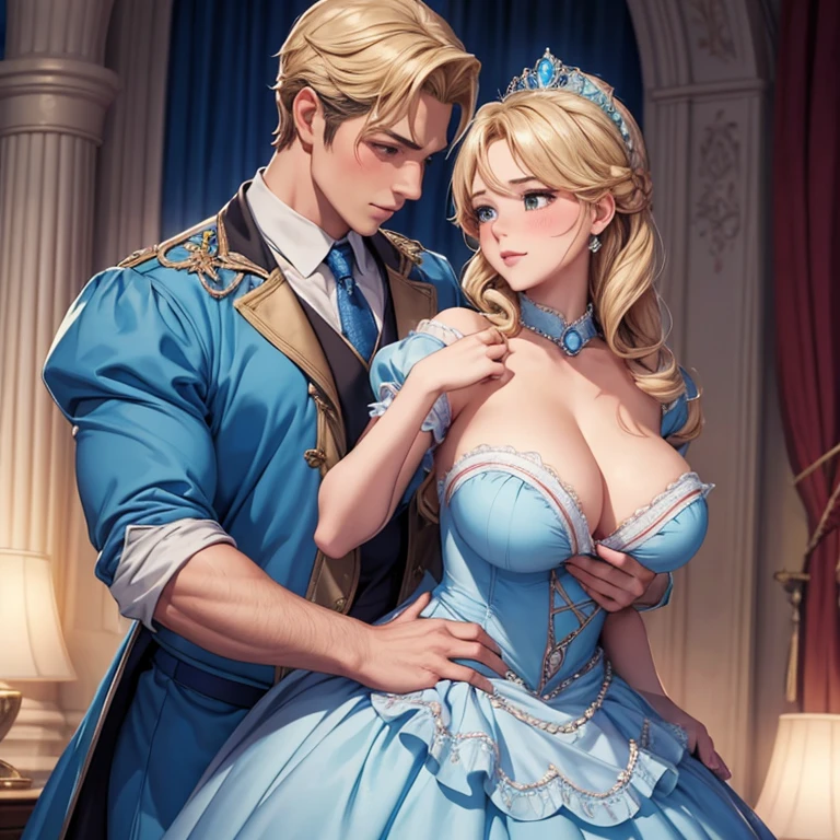 2 people in the image: blushing cinderella in a dress stands in front of a handsome prince, sexual desire, the handsome prince behind Cinderella put his hands on her soft breasts and squeezes them