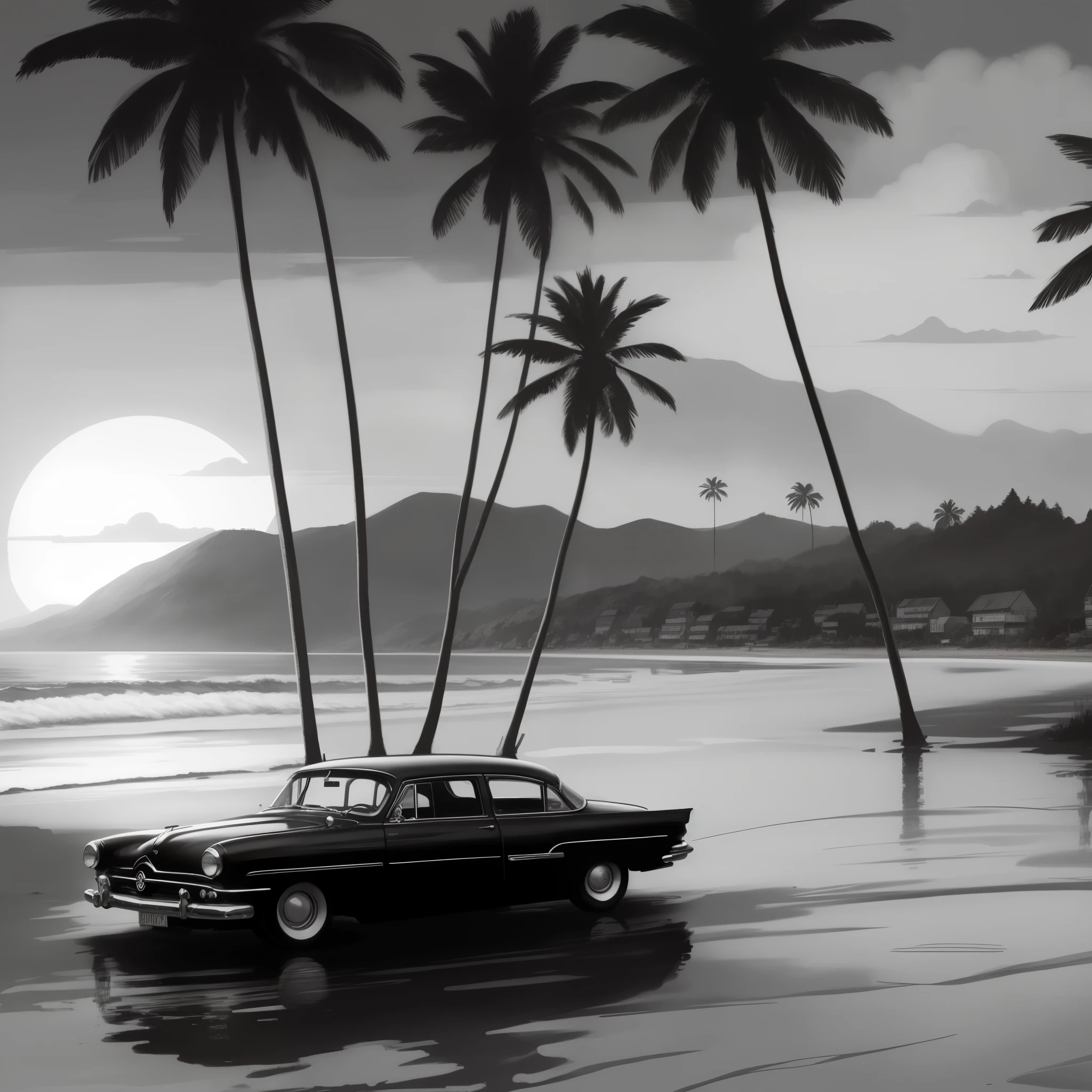 Illustration eines Oldtimers, der am Strand mit Palmen geparkt ist, Black and white vector illustration, Stilisierte digitale Illustration, Stil von GTA V-Kunstwerken, kontrastreiche Illustrationen, Illustrationsstil der 1950er Jahre, im Stil der digitalen Illustration, 4K-HD-Hintergrundbild, detaillierte digitale Illustration, 1 9 5 0 s Konzeptkunst, kommerzielle Illustration, Black and White Matte Painting