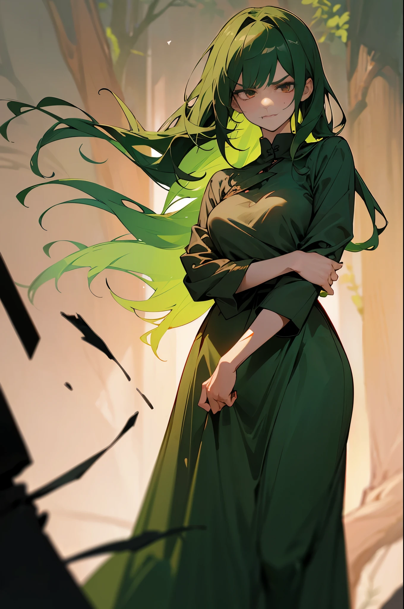 Grudge girl with long, curly, green hair, wearing a torn, faded red dress, clenches her jaw and glares, her eyes filled with anger and resentment. She stands near an old, gnarled tree, her arms crossed over her chest, her narrowed gaze fixed on an unseen target. Her lips are pressed tight in a hard line, her expressions revealing her deep-seated frustration. Her posture is rigid, embodying her bitterness and unwillingness to forgive. A gentle breeze rustles her hair, but she doesn't budge, her gaze unwavering as she holds onto her grudge.