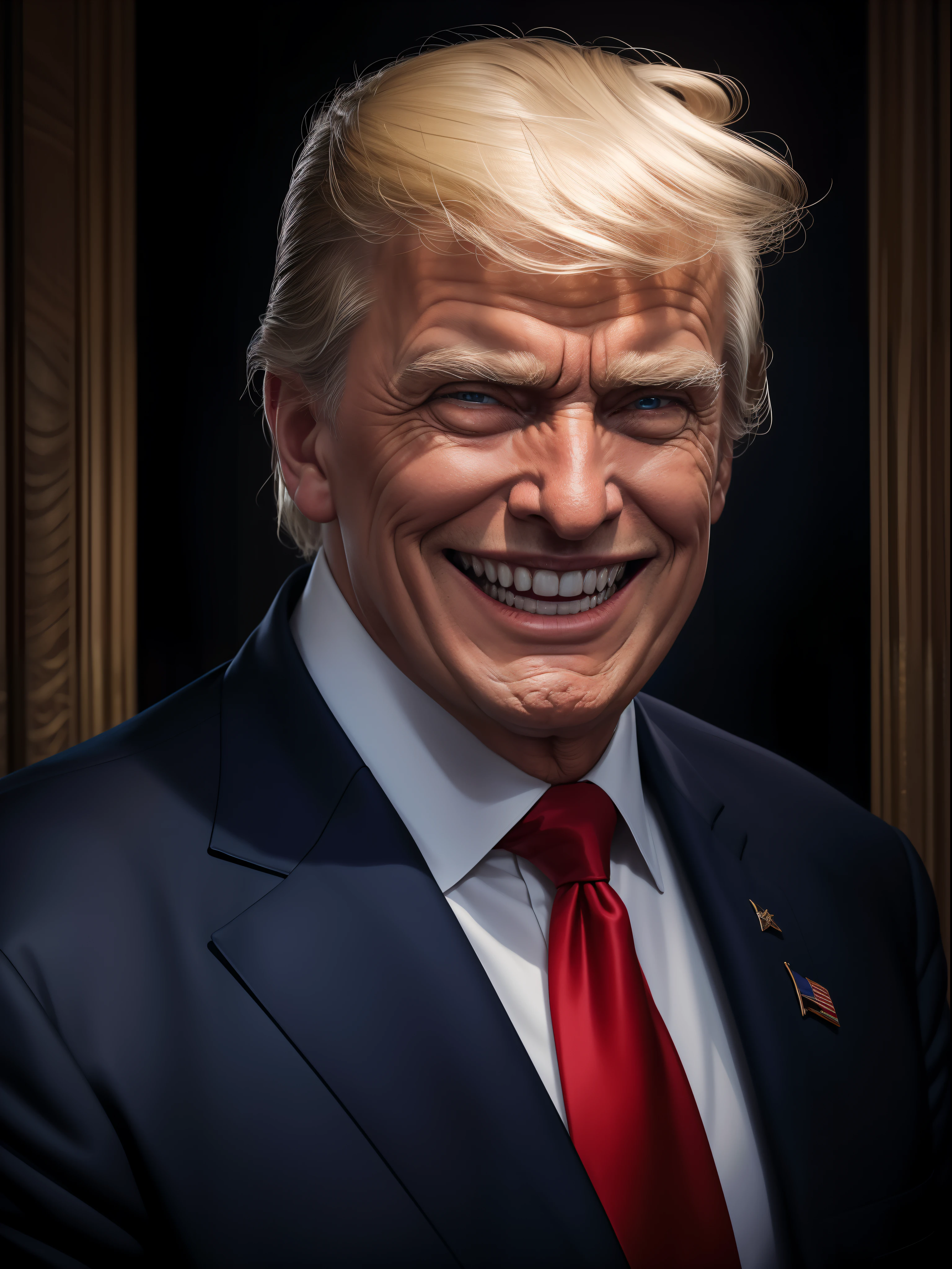(1 homem) President Donald Trump in the Oval Office, vestindo um terno azul escuro com gravata vermelha, transformando-se na Besta do Apocalipse 666, o Anticristo, with a 30-centimeter tongue sticking out of its mouth, dentes afiados, scary and threatening look of a disturbed psychopath, apavorante looking, assustador, fotorrealismo, the Mais alta qualidade, O mais alto detalhe, cinematographic, fotorrealista, Mais alta qualidade, foto crua, (sorriso zombeteiro:1.4), macabro, perturbador, apavorante, fotorrealista skin texture, rugas, Detalhes abundantes, (alta expressividade facial), um retrato que invoca medo, Gothic ambiance, cinematographic, temperamental, morbid colors, No estilo de Diego Koi, Gina Heyer, luiz escanuela, Arte por Alyssa Monk, profundidade, hiperrealismo, Rule of Thirds, oil on the canvas, 16k
