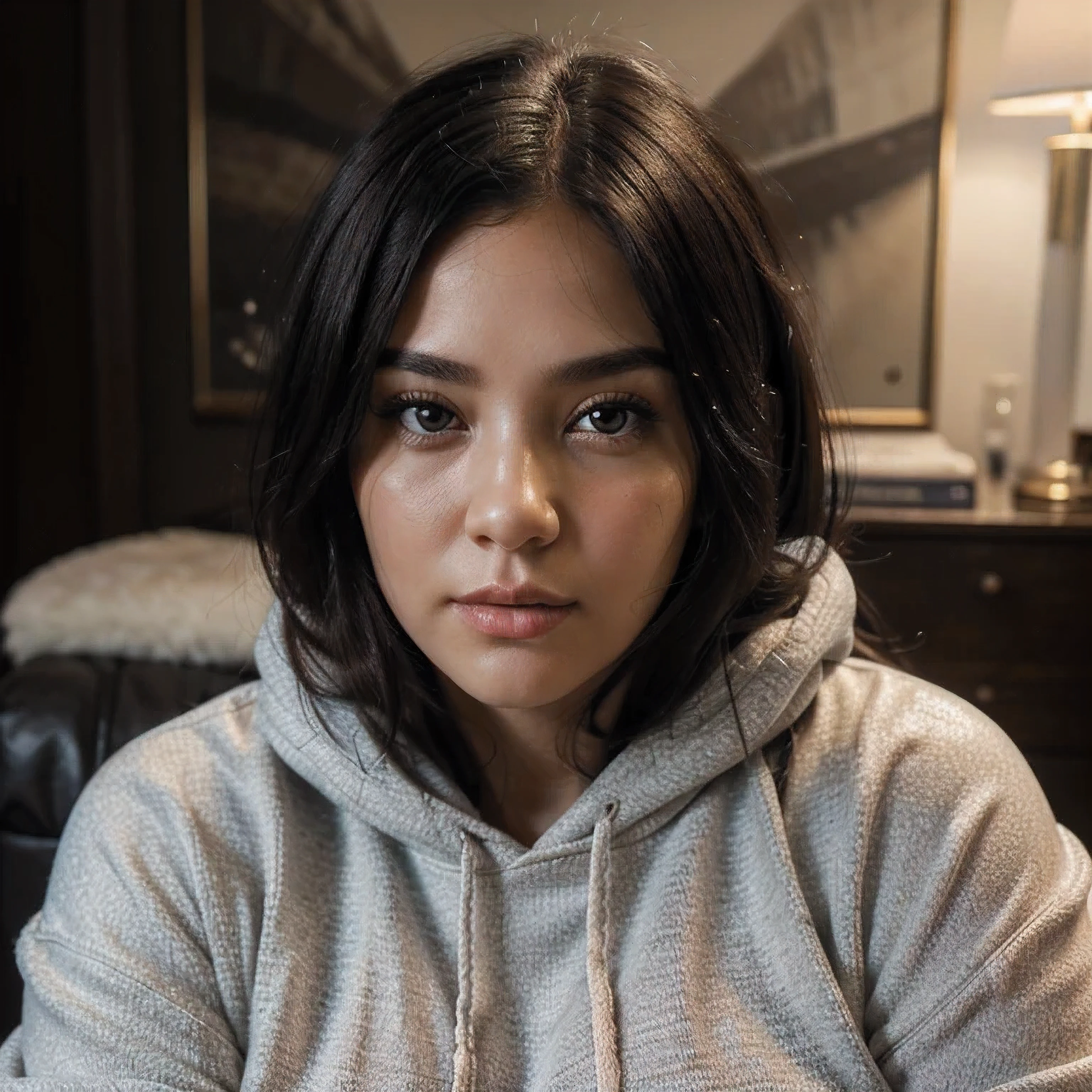 (realistic,photorealistic:1.37),(best quality,4k,8k,highres,masterpiece:1.2),ultra-detailed,professional,portraits,casual,studio lighting,fluffy carpet,oversize hoodie,shoulder-length black hair,crystal clear eyes,plus size model,35-years-old fat woman, plump body Try to control the quality of the generated image，Make images look extremely realistic and photorealistic。Please describe a 35-year-old woman with an extremely delicate face，She is a busty model，Wearing a loose sweatshirt。A fluffy rug lies in the background，Enhance the three-dimensional sense of the overall picture。Women&#39;s hairstyle is black shoulder hair，She has a pair of clear big eyes，Ability to see details through the eyes。The overall picture has bright studio lighting，Style Favored Facial Portrait Art，while emphasizing the authenticity of detail and color。
