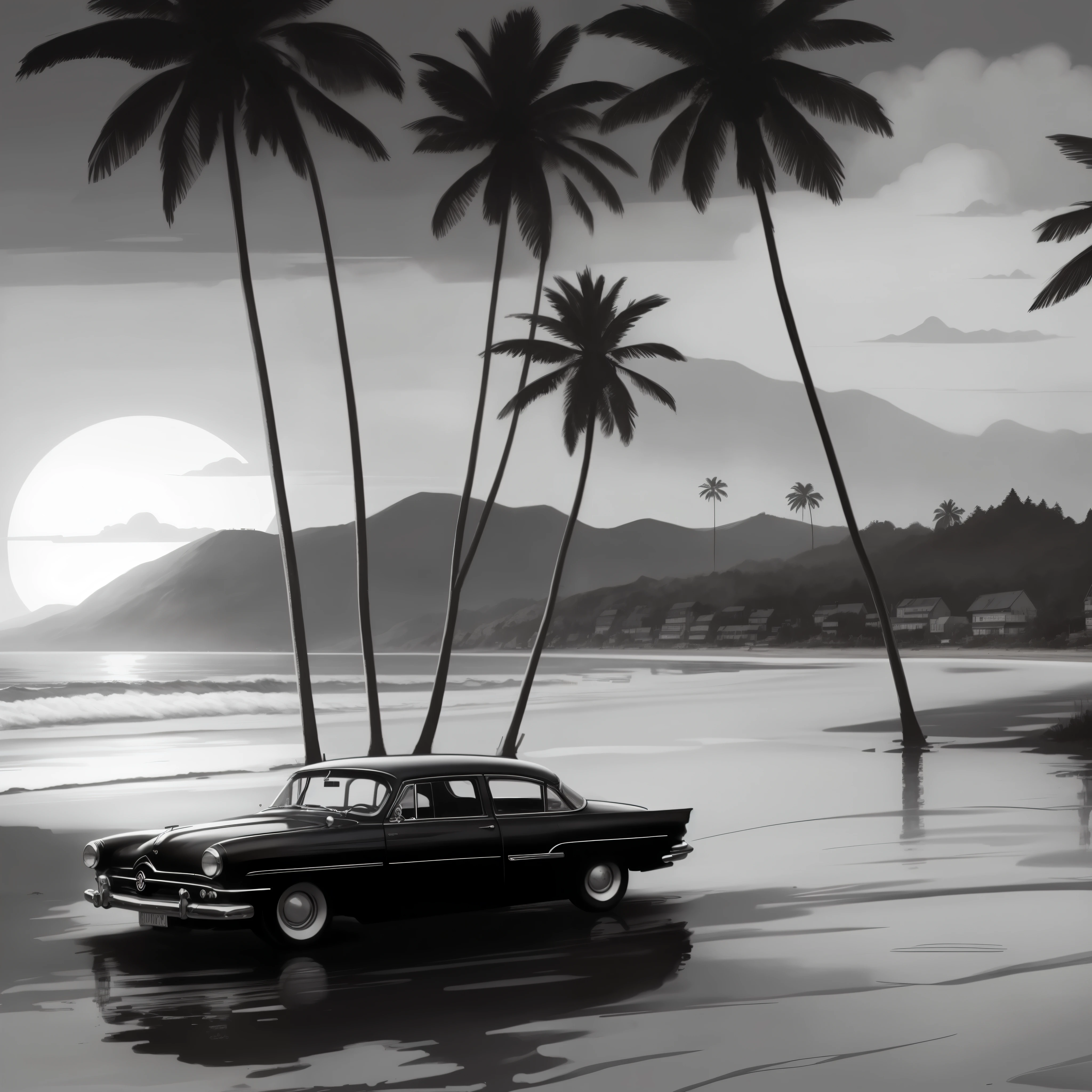Illustration eines Oldtimers, der am Strand mit Palmen geparkt ist, Black and white vector illustration, Stilisierte digitale Illustration, Stil von GTA V-Kunstwerken, kontrastreiche Illustrationen, Illustrationsstil der 1950er Jahre, im Stil der digitalen Illustration, 4K-HD-Hintergrundbild, detaillierte digitale Illustration, 1 9 5 0 s Konzeptkunst, kommerzielle Illustration, Black and White Matte Painting