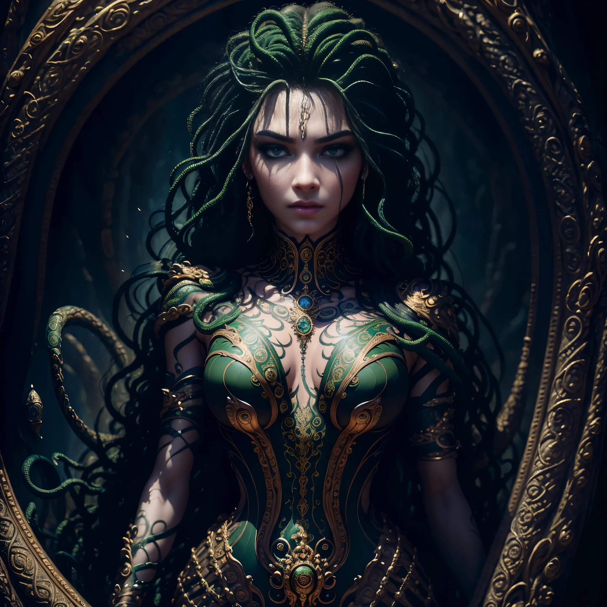 ((best quality)), ((masterpiece)), ((realistic)), Medusa, full body, the hair is composed of countless small snakes, green eyes, female face, metal carved top, royal aura, steampunk style, trend on artstation , sharp focus, studio photo, intricate detail, very detailed, detailed eye, illustration, very detailed, sharp focus, digital render, professional,