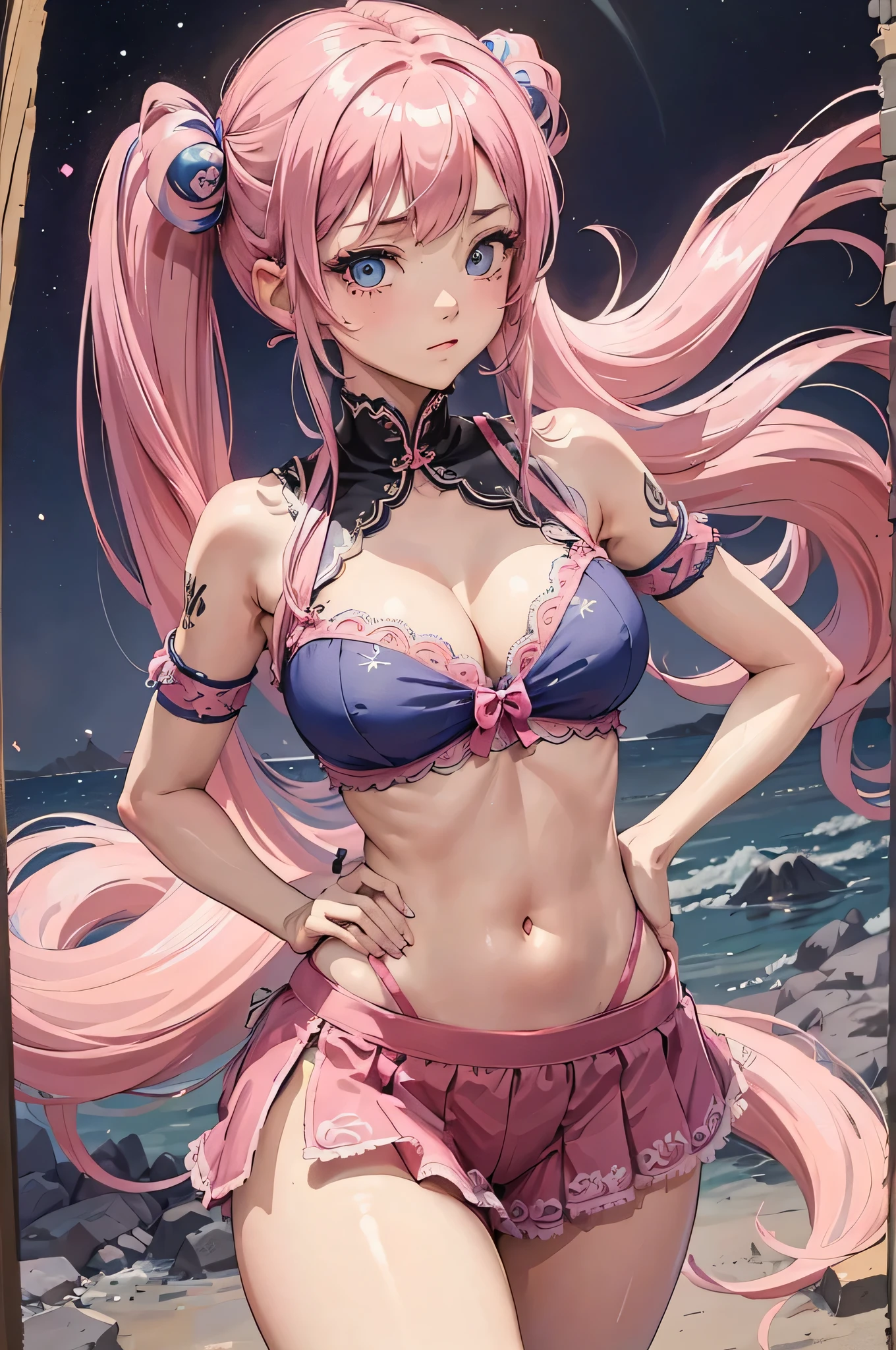 ((best quality)), ((masterpiece)), (detailed), perfect face, girl, pink and light blue hair, long hair, twin tails hair, bright color outfit, pink thong, lacey bra, deep light blue eyes, abstract background