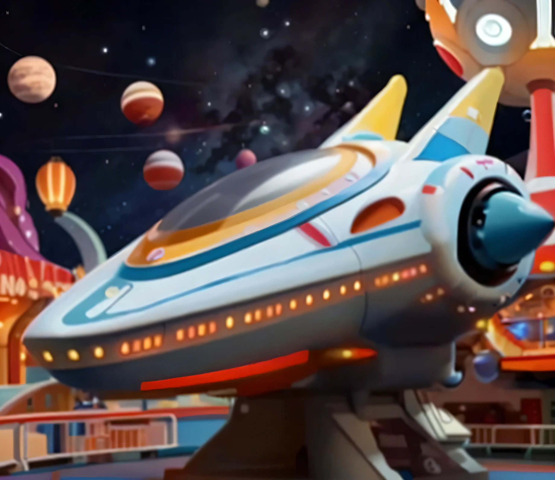 a close-up of a toy plane in a toyland area, spaceship in the background, Googie Kitsch Aesthetics, duck themed spaceship, Nave espacial em segundo plano, Retro spaceships parked outside, spaceship, spaceship fantasia dos desenhos animados, foto detalhada do mundo virtual, spaceship em forma de pato, an epic spaceship scene, utopian spaceship, Estilo 3D da Disney Pixar