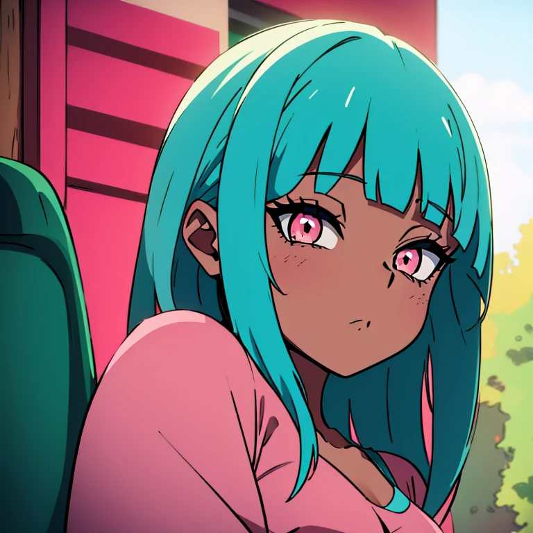 ((masterpiece)), high quality, best quality, beautiful, hd, perfect lighting, detailed face, detailed body, 1 girl, solo, ((dark skin)), ((turquoise hair, pink eyes, small breasts)), in front of a cafe,