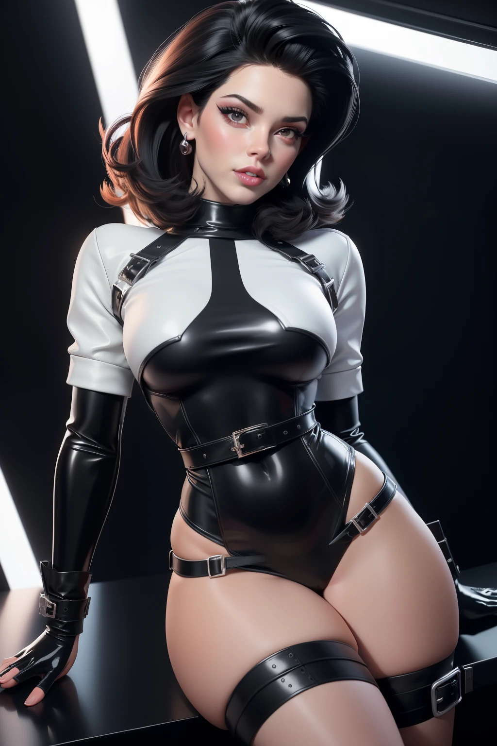 una mujer sexy y fatal, Mujer con un vestido punteado en blanco y negro., from above, vistiendo un vestido punteado en blanco y negro, wearing 80s fashion, 80s style clothing, 80s fabric style, 80s retro dystopian vibe, pelo negro y liso, ojos verdes, Delineador de ojos negro, labios rojos, pechos medianos, small covered nipple, mirada lujuriosa, black and white latex, White Latex Leg Harness, gargantilla blanca, Dramatic light, 1980s cinema lighting._Science fiction, Chadpo, realistic hands, upskirt, sexy,