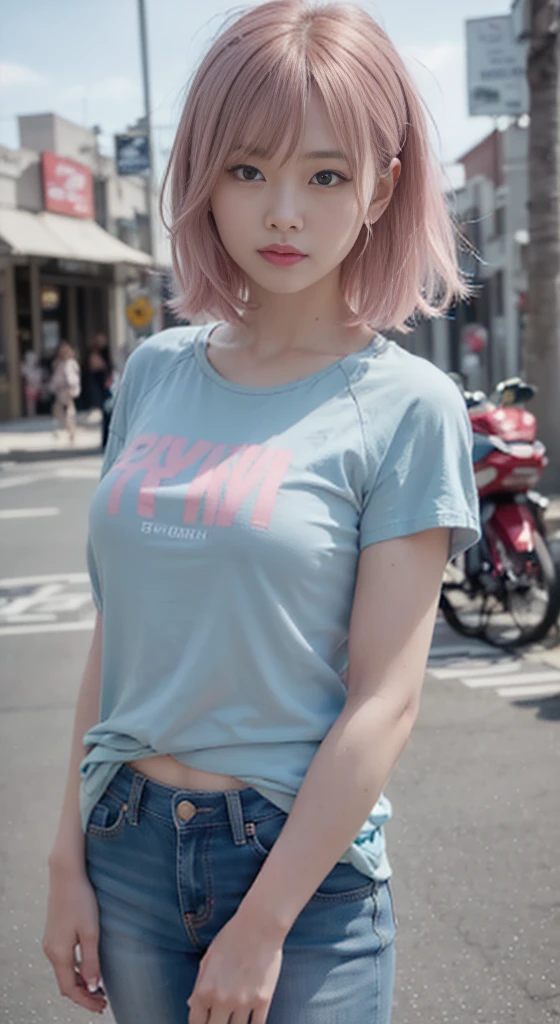 rounded face. koreane face, 1 girl、photo of the young beautifull girl (Sana Minatonazi:NamiTamaki:0.5) High resolution 1.2, (8k, RAW Photo, Best quality, Masterpiece), (realistic, photorealistic:1.4), Ultra detailed, big face:1.2, On the street Madrid , sexy, medium height, beautiful woman, Yukata Beauty, the night:1.2, a cityscape, city light, upper body, sexy, close-up, (realistic blue eyes: 1.37), Asian woman with thin pink hair:1.37 Cheng Yi, fine pink hair:1.37, inspired by Yanjun Cheng, flowing pink hair:1.37, realistic face, beautiful face, realistic skin tone, soft mouth, short pink hair:1.37, realistic pink short hair:1.37, very pretty, full body, realistic face、(8k、raw photography、premium、 ​masterpiece:1.2 )、(realistic、photorealistic:1.37), (pink hair:1.37), hair in ears, medium tits, ), wearing (green t-shirt:1.37), long jeans with rips and worn appearance, jacket black, pink and white sneakers.