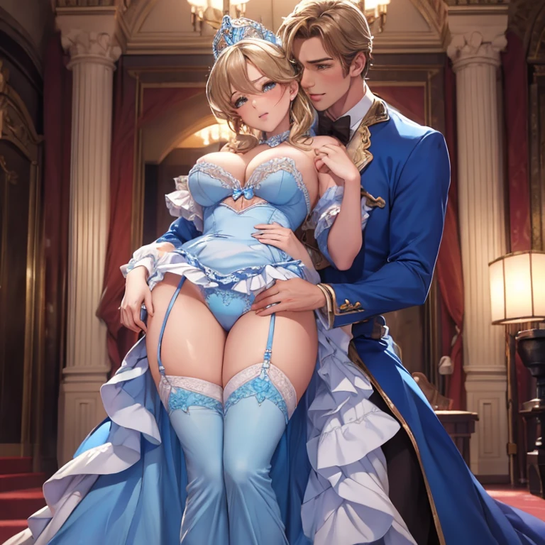 2 people in the image: Blushing Cinderella in lingerie stands in front of a handsome prince, sexual desire, the handsome prince behind Cinderella put his hands on her soft breasts and squeezes them