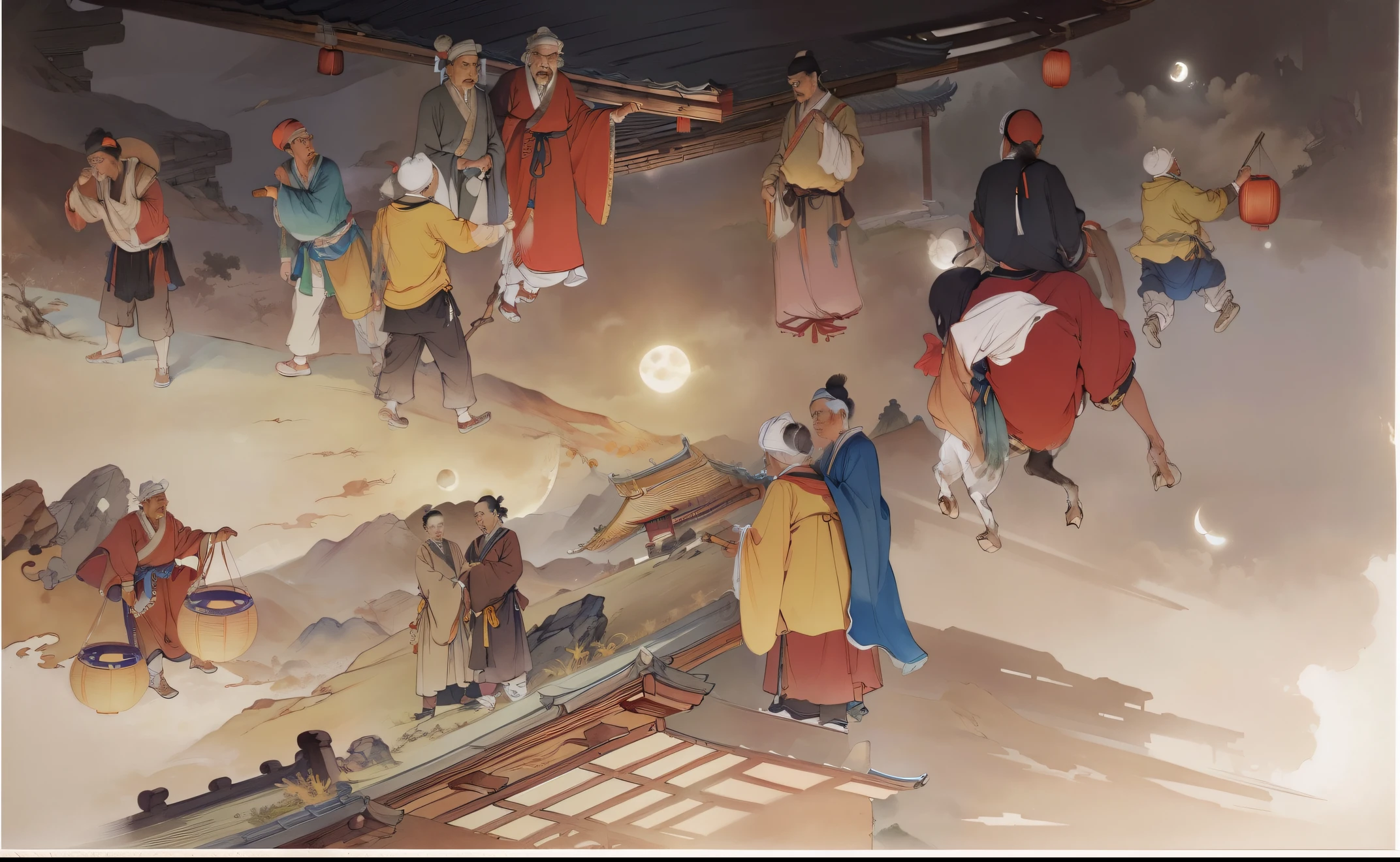 Paisagens chinesas antigas,Old buildings,pavilions,vigas esculpidas e pinturas,charming scenery,noite,luz da lua,Em camadas, Luz e sombra ricas,Festival de Outono, Estilo de pintura a tinta,cor limpa,Low saturation colors,Cores de baixo brilho,Corte decisivo,Leave blank space,impressionista,obra-prima,ultra-detalhado,Epic composition, Maiorqualidade,hiper-realista,Germe de arte --v 6