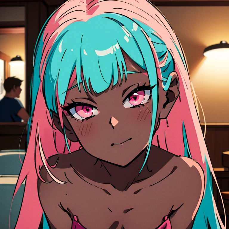 ((masterpiece)), high quality, best quality, beautiful, hd, perfect lighting, detailed face, detailed body, 1 girl, solo, ((dark skin:1.6)), ((turquoise hair, pink eyes, small breasts)), in front of a cafe,