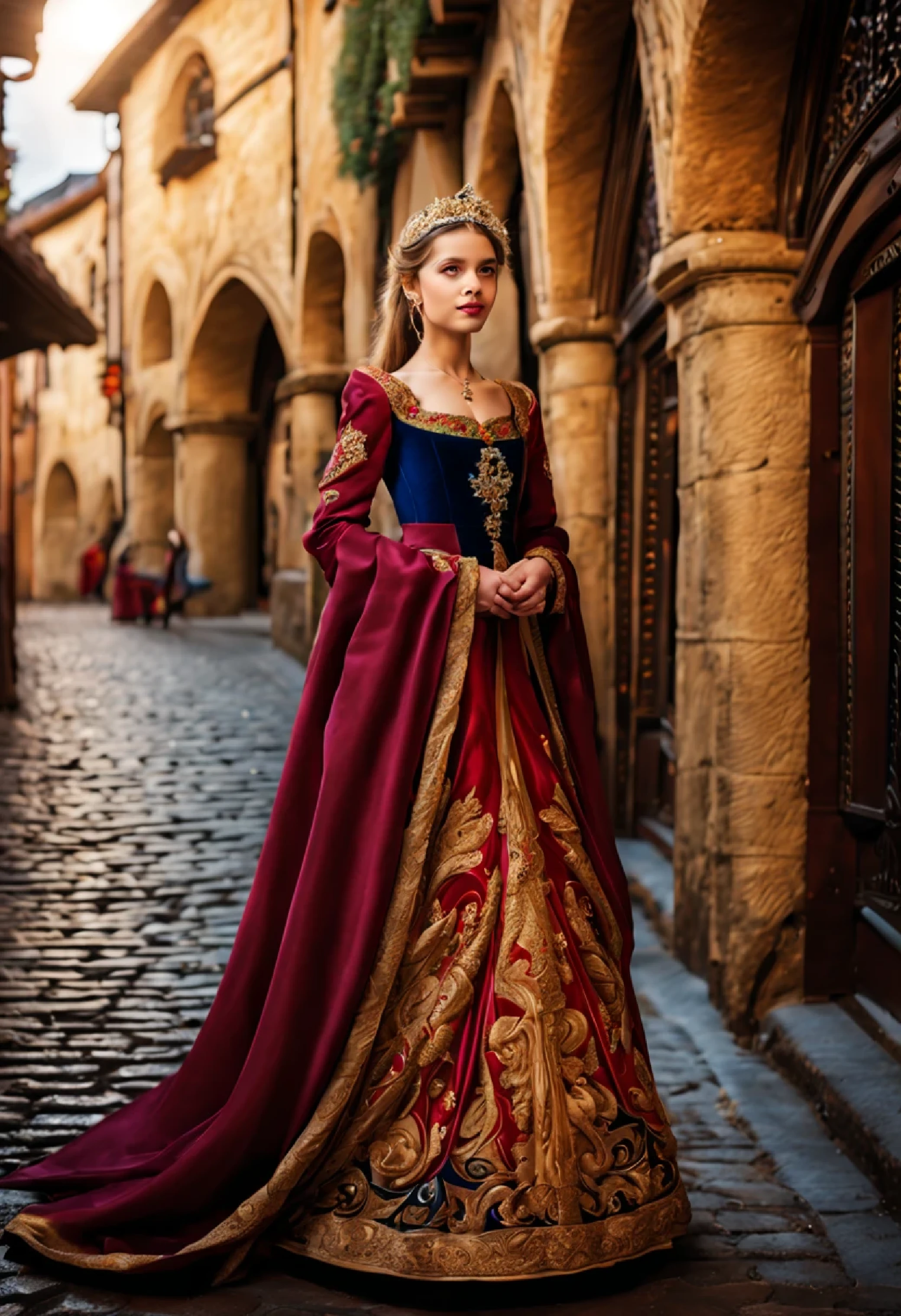 Una hermosa princesa, caminando con gracia por las bulliciosas calles de una ciudad medieval, catching everyone's attention. Ella irradia un aire de elegancia y confianza mientras se mueve con aplomo.. With a sexy and seductive outfit that accentuates your figure., ella cautiva los ojos de los espectadores. Su radiante belleza se ve realzada por su impecable piel de porcelana y sus fascinantes ojos., adornado con largo, Delicious eyelashes. Sus labios, delicadamente pintado en un tono rojo, Adds a touch of sensuality to your charming presence.. 

La ciudad medieval cobra vida con intrincados detalles., incluyendo antiguas calles adoquinadas, imposing gothic architecture, y bulliciosos puestos de mercado. The vibrant atmosphere of the city is filled with the sound of merchants selling their wares and the laughter of children playing... The sun casts a warm, brillo dorado, iluminando la escena con sus suaves rayos. 

The princess&#39;s outfit is a magnificent combination of silk and velvet., adornado con intrincados bordados y brillantes piedras preciosas que brillan bajo la luz del sol. Su vestido fluye con gracia con cada paso que da., evoking a sense of royalty and sophistication. Los colores vibrantes de su atuendo., a mix of royal purples, azules ricos, y oro elegante, further accentuate your royal status.

Mientras la princesa pasea por la ciudad, she is accompanied by her loyal entourage, compuesto por caballeros y damas de honor. They walk a few steps behind her., showing your loyalty and dedication. Los espectadores no pueden evitar admirar la belleza y el aplomo de la princesa., whispering words of wonder and admiration.

Overall image quality is of the highest caliber, capturing every minute detail with utmost precision and clarity. It boasts of ultra-fine painting techniques and realistic rendering., portraying the medieval city and its inhabitants with vivid colors and sharp focus. El mensaje adopta un estilo fotorrealista., permitiendo al espectador sumergirse en este mundo encantador.