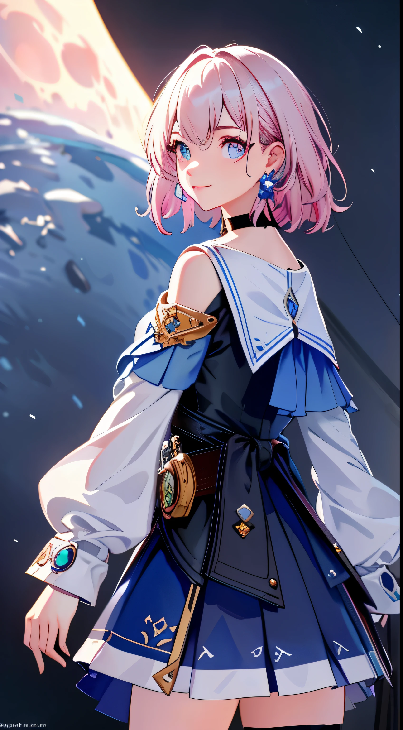 ph_Mar, Marhd, Mards, 1girl, solo, skirt, gloves, earrings, jewelry, bangs, blue eyes, pink eyes, black gloves, long sleeves, blue skirt, choker, fingerless gloves, white shirt, hair between eyes, short hair, single glove, pleated skirt, partially fingerless gloves, purple eyes, jacket, multicolored eyes, (masterpiece:1.6, best quality), (finely detailed beautiful eyes: 1.2), ultra-detailed, illustration,beautiful detailed eyes, (yandere:1.4), (empty eyes), backlighting, looking at viewer, blush, smile, (masterpiece, finely detailed beautiful eyes: 1.2), (on the moon, space, looking back into earth), volumetric lighting, white jacket, glowing headphone, cyberpunk, futuristic, multi-color eyes, detailed eyes, hyper detailed,light smile, highly detailed, beautiful, small details, ultra detailed, best quality, intricate, hyperrealism, sharp, digital illustration, detailed, realism, intricate, 4k, 8k, trending on artstation, good anatomy, beautiful lighting, award-winning, photorealistic, realistic shadows, realistic lighting, beautiful lighting, raytracing, intricate details, moody, rule of thirds, masterpiece, (illustration:1.1), highres, (extremely detailed CG, unity, 8k wallpaper:1.1), beautiful face, highly detailed face, ultra realistic, masterpiece, bokeh, extremely detailed, intricate, zoomout, colorful, vibrant colors, red nail polish, side view,