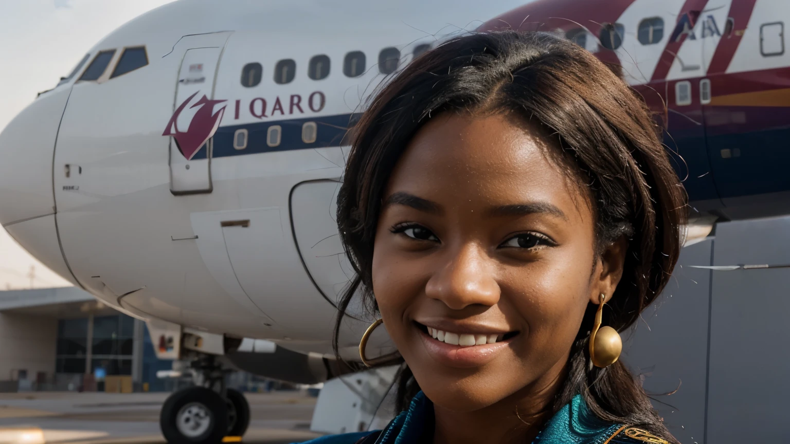 pretty african girl in 18 years smiling with passenger airplane of Qatar airways in the background airport Pixar style realistic 8k high definition
