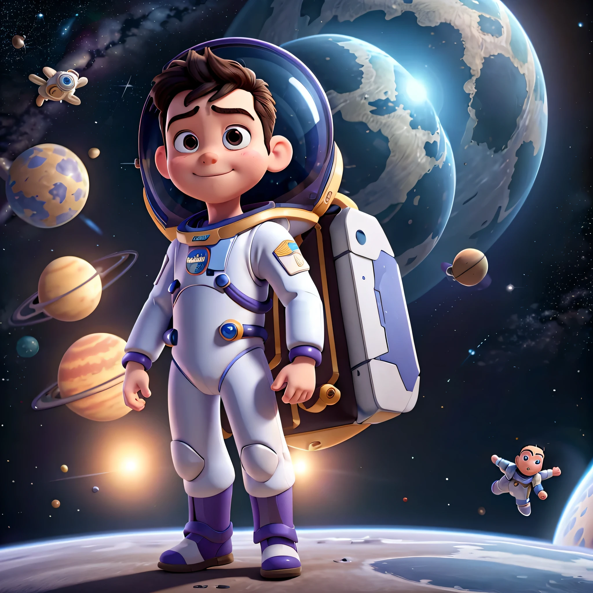 illustration of a boy in a space suit, Buzz lightyear style from Disney-pixar, wide angle portrait of astroboy, spacewalk scene, in space suit, animated film, standing in outer space. Some distant planets