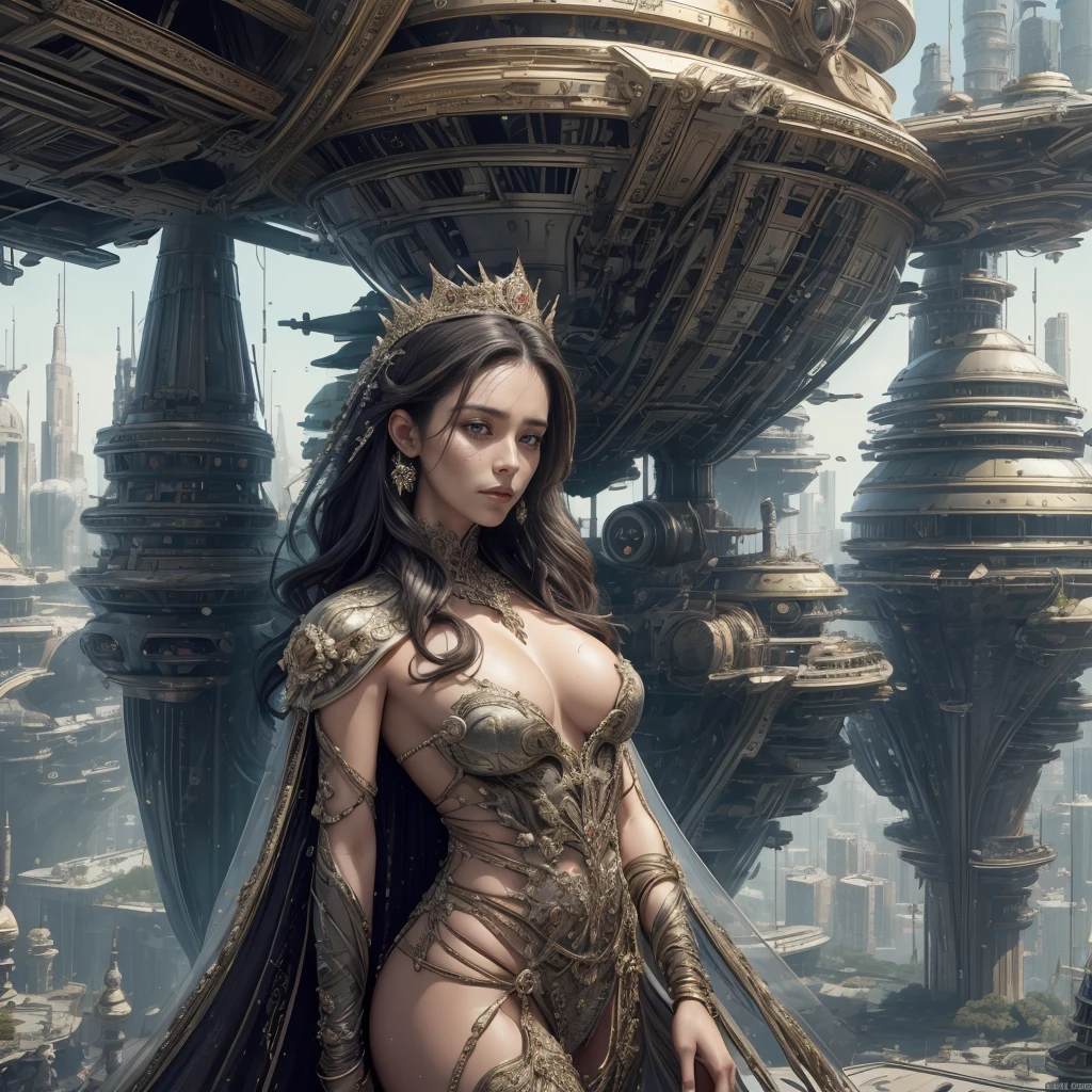 Ultra realistic 16K CG, masterpiece, Best Composition, Photo quality, work of art, full length portrait, Character incredibly beautiful girl., Incredibly beautiful face, very detailed face, Detailed eyes, detailed hair, correct anatomy, bride, princess, wants sex, after oral sex, Naked, Naked, Without clothing, detailed bouquet of flowers in hands, floral crown with multi-colored feathers and diamonds on the head, high quality crown with feathers, mechanical elements, very detailed detail, is on the balcony, A character with the city of Coruscant in the background from Star Wars, Tall futuristic buildings in the background, The city is detailed, Skyscrapers to the clouds, Science fiction, The Distant Future, hundreds of flying cars, flying motorcycles, futuristic fantasy street, Wet clothes, there are drops of sperm on the face, mouth filled with cum, sperm flows over the lips, superbly beautiful legs, vagina detailed, Vagina open, touches her vagina, touches his breasts, Very detailed face, excellent quality hands, Realistic skin, Moist body