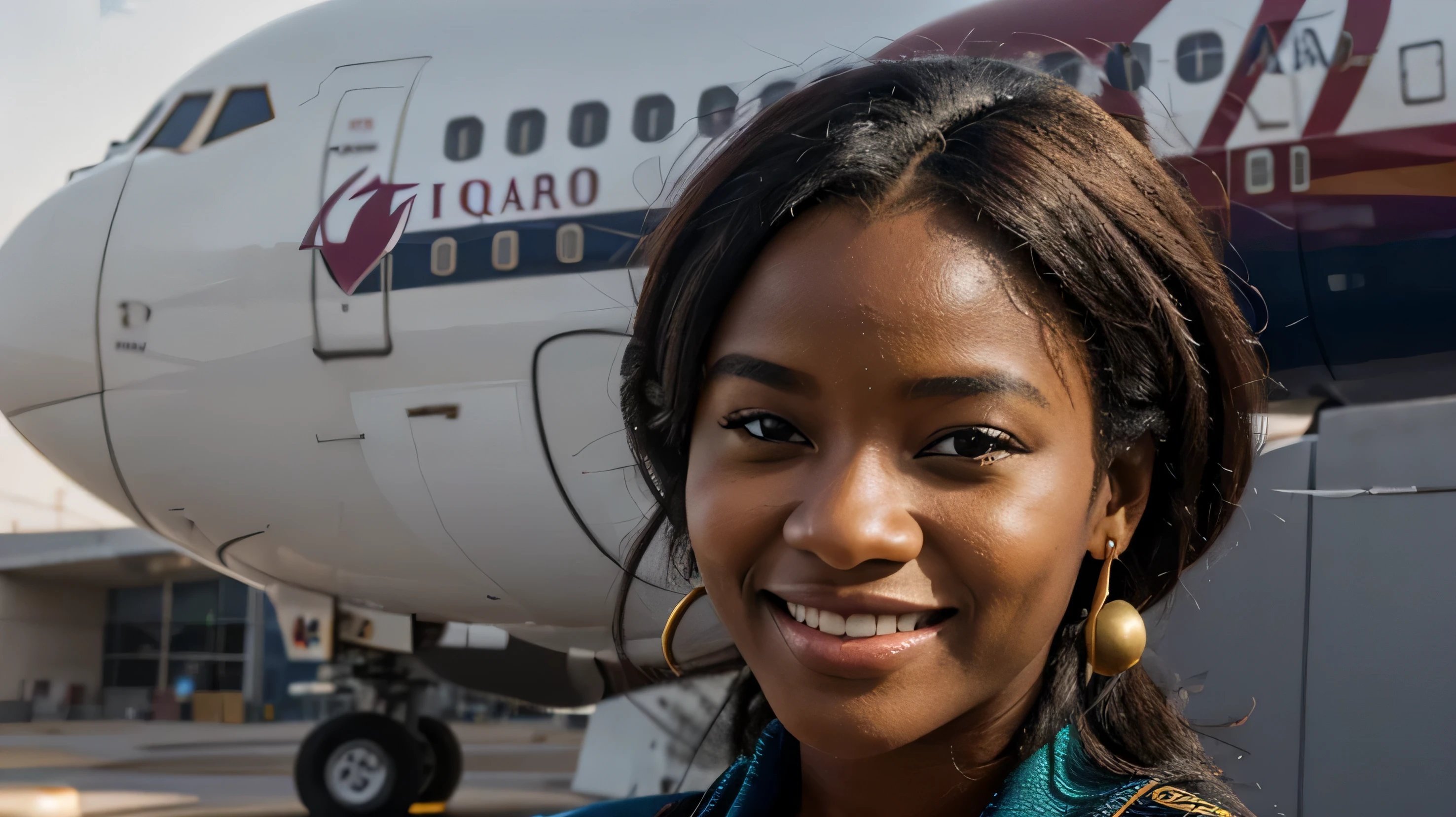 pretty african girl in 18 years smiling with passenger airplane of Qatar airways in the background airport Pixar style realistic 8k high definition