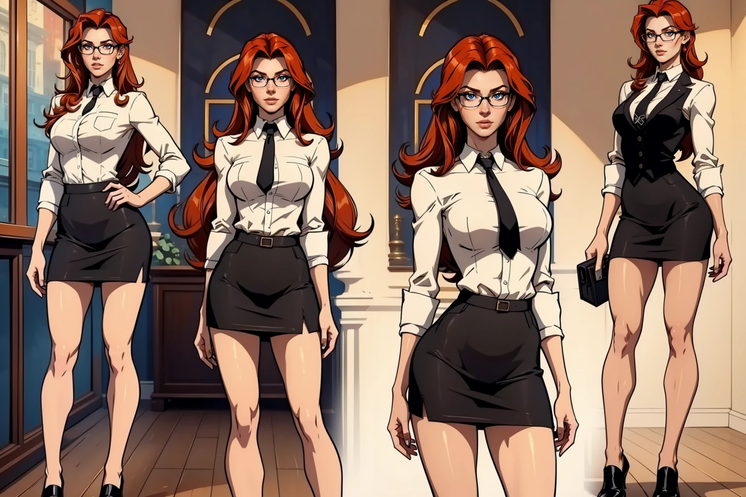 ((Masterpiece, Highest quality)), Detailed face, character design sheet, full bodyesbian, Full of details, frontal body view, back body view, Highly detailed, Depth, Many parts, (young girl with long hair ginger), 18 years old, shy gorgeous girl, same character, muscle body, business clothes, girl tall, sexy secretary, glasses, short black skirt, white shirt, black tie