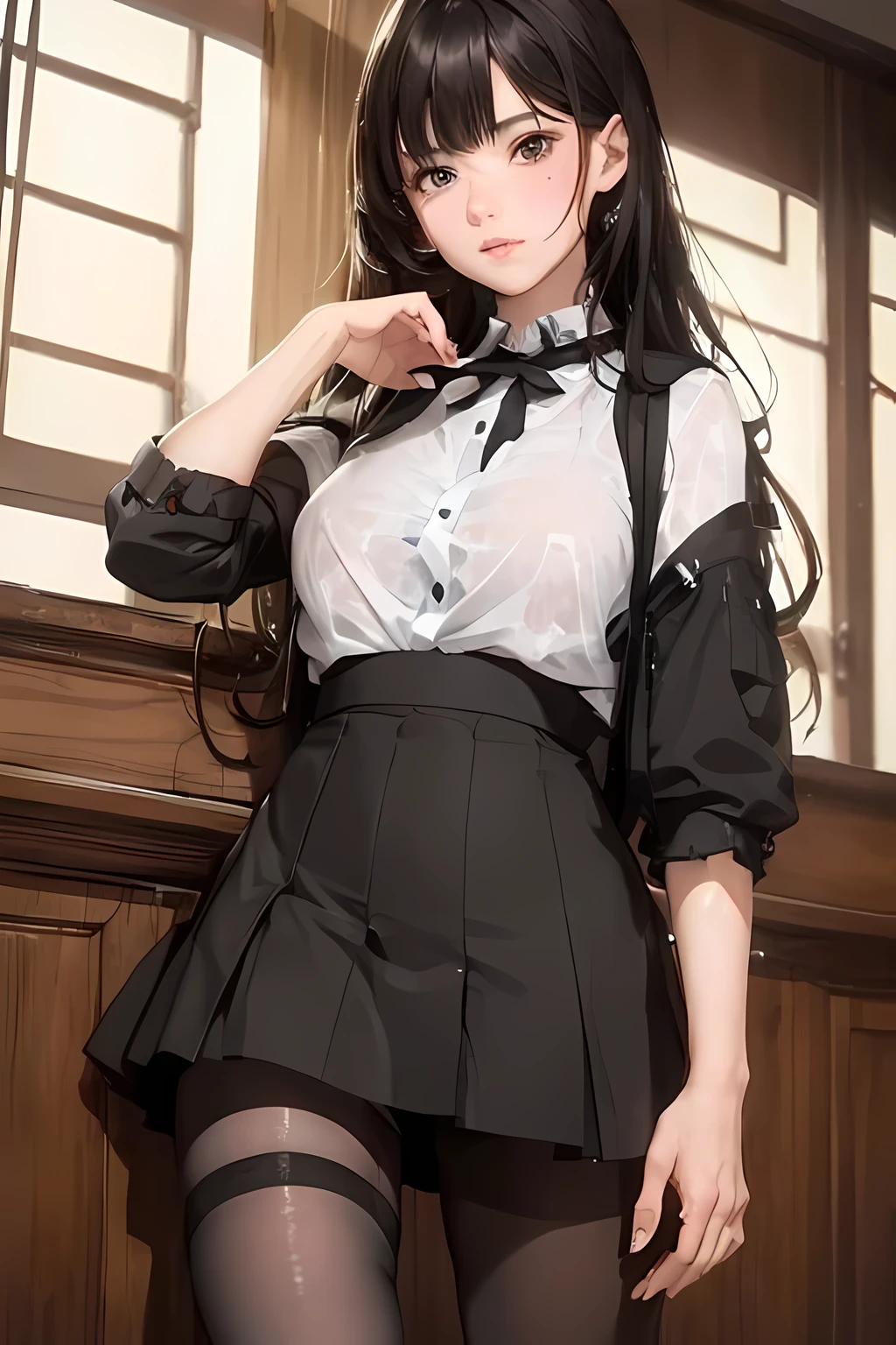 a girl seen from the floor, can wear skirt or shorts, a view from below, long stockings or pantyhose, sagging breasts, wet see-through shirt, ((very detailed)), (perfectly detailed face), (very detailed hand), photorealistic image.